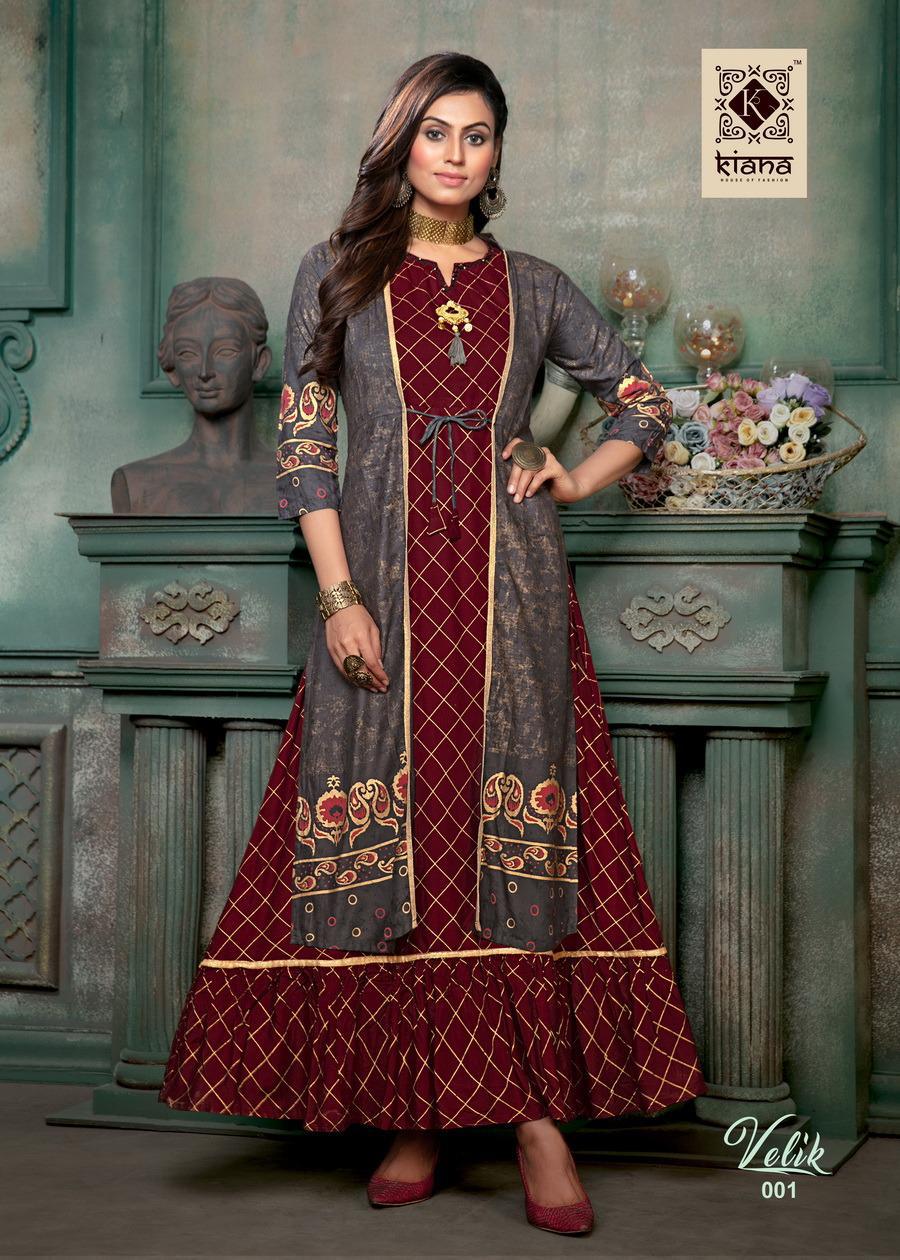 Kiana Presents Velik Rayon Long Gown Style Kurtis Cataloge Wholesaler