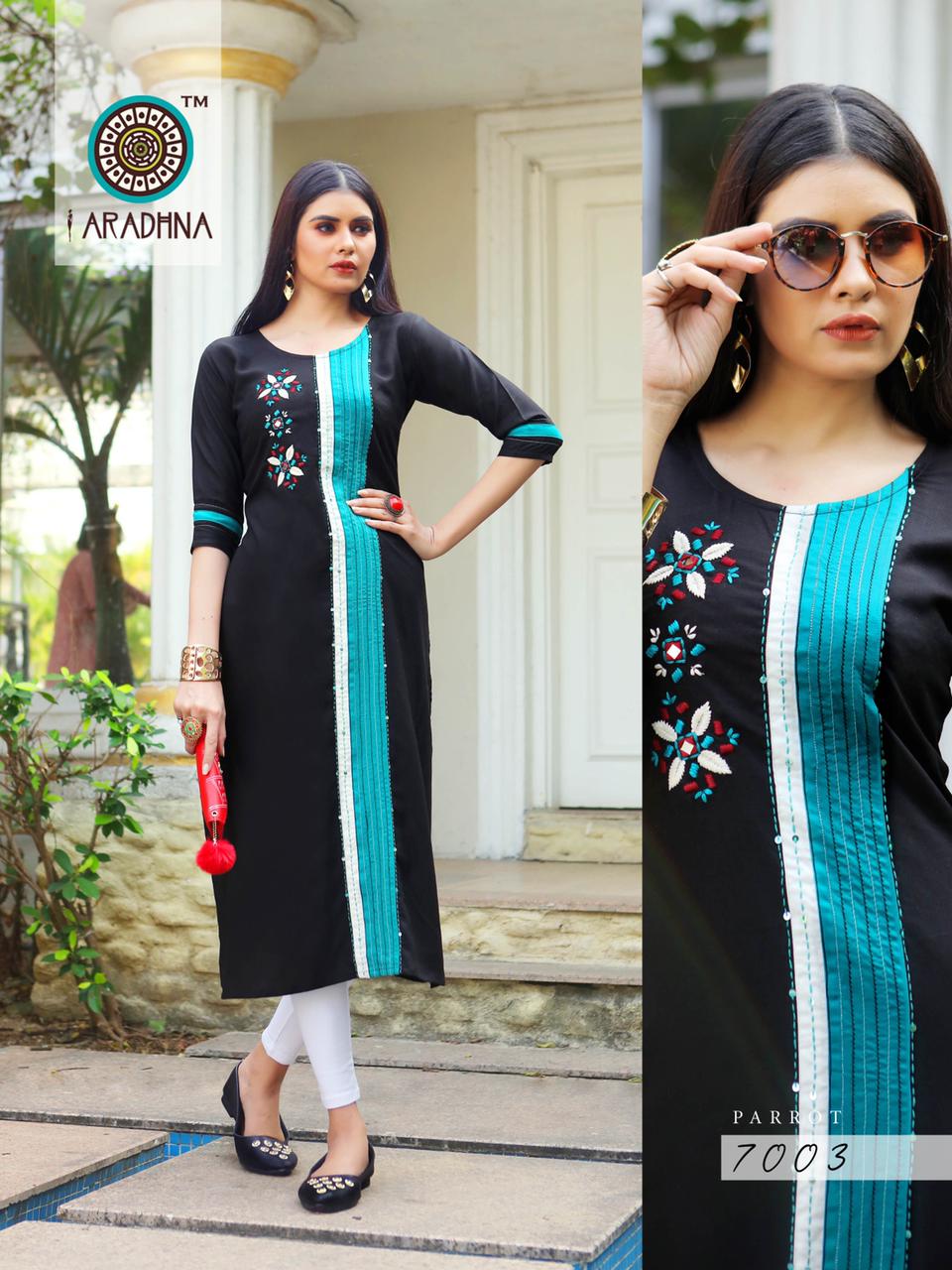 Aradhana Fashion Presents Parrot Vol-7 Rayon Embroidery Work Fancy Daily Wear Kurtis Cataloge