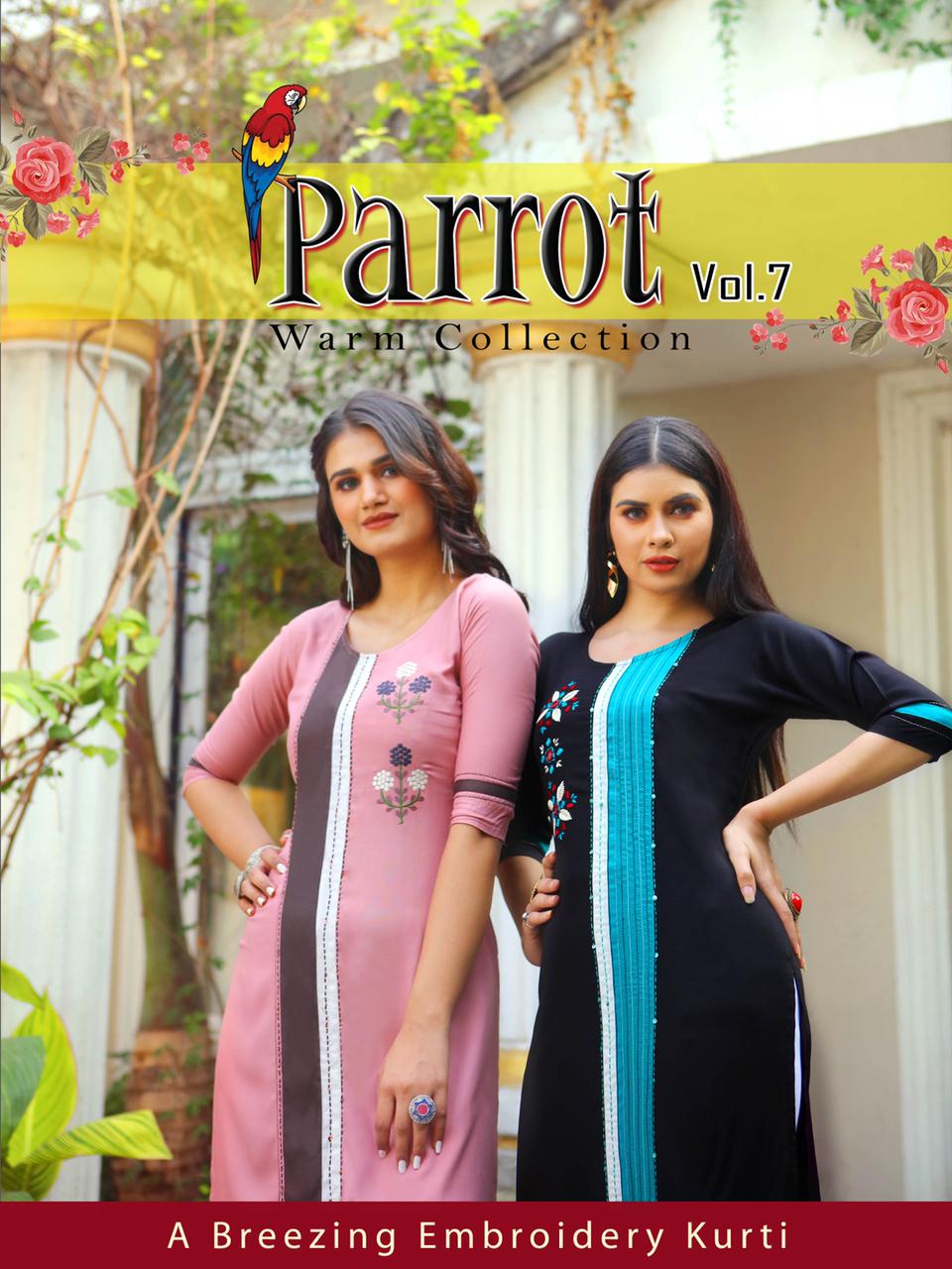 Aradhana Fashion Presents Parrot Vol-7 Rayon Embroidery Work Fancy Daily Wear Kurtis Cataloge