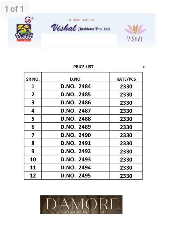 Vishal Presents D'amore Collection Vol-19 2484 To 2495 Series Swarovski Diamond Work Partywear Sarees Catalog Wholesaler