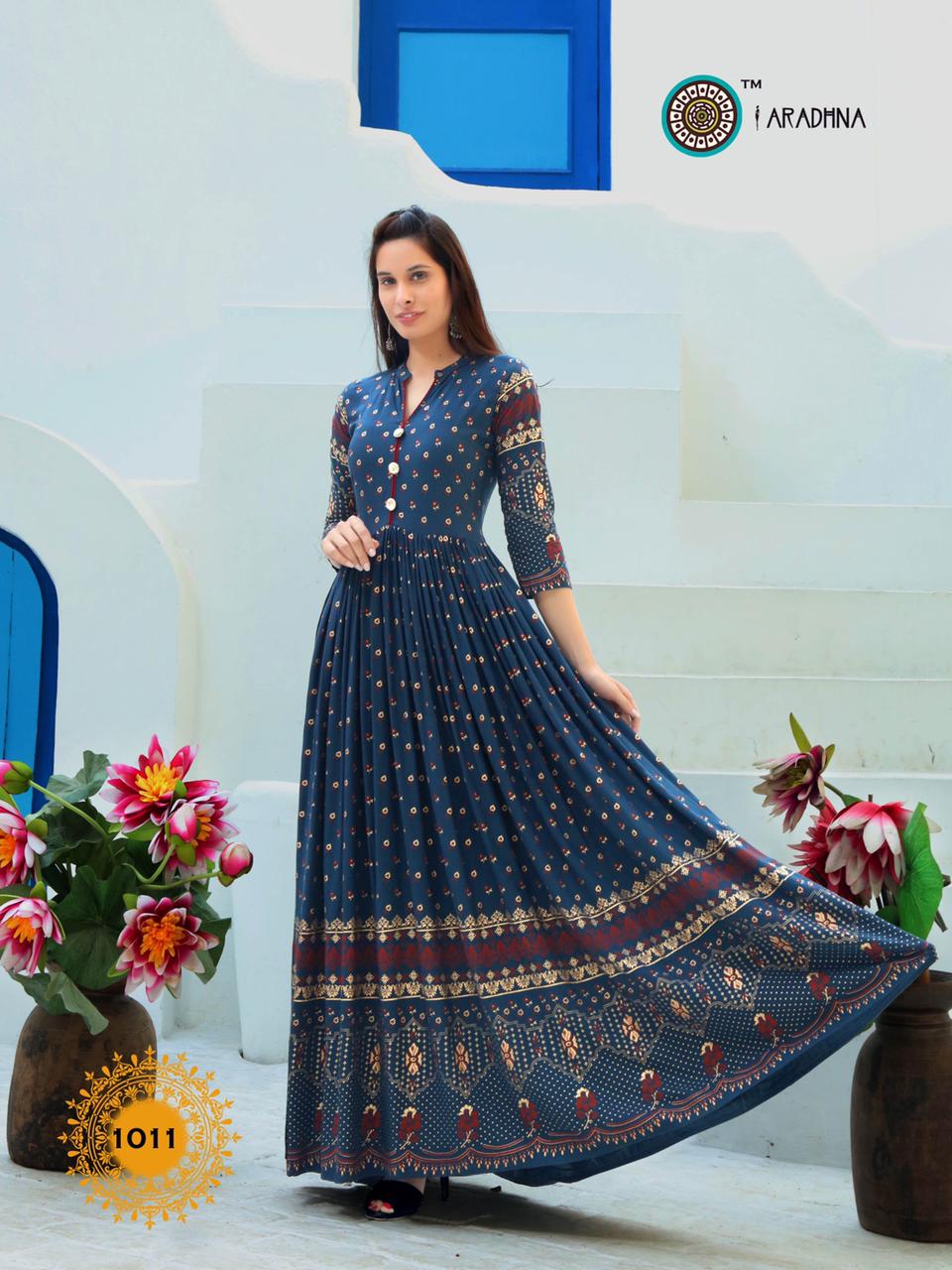Aradhana Fashion Presents Riwaaz Rayon Long Gown Style Kurtis Cataloge Collection