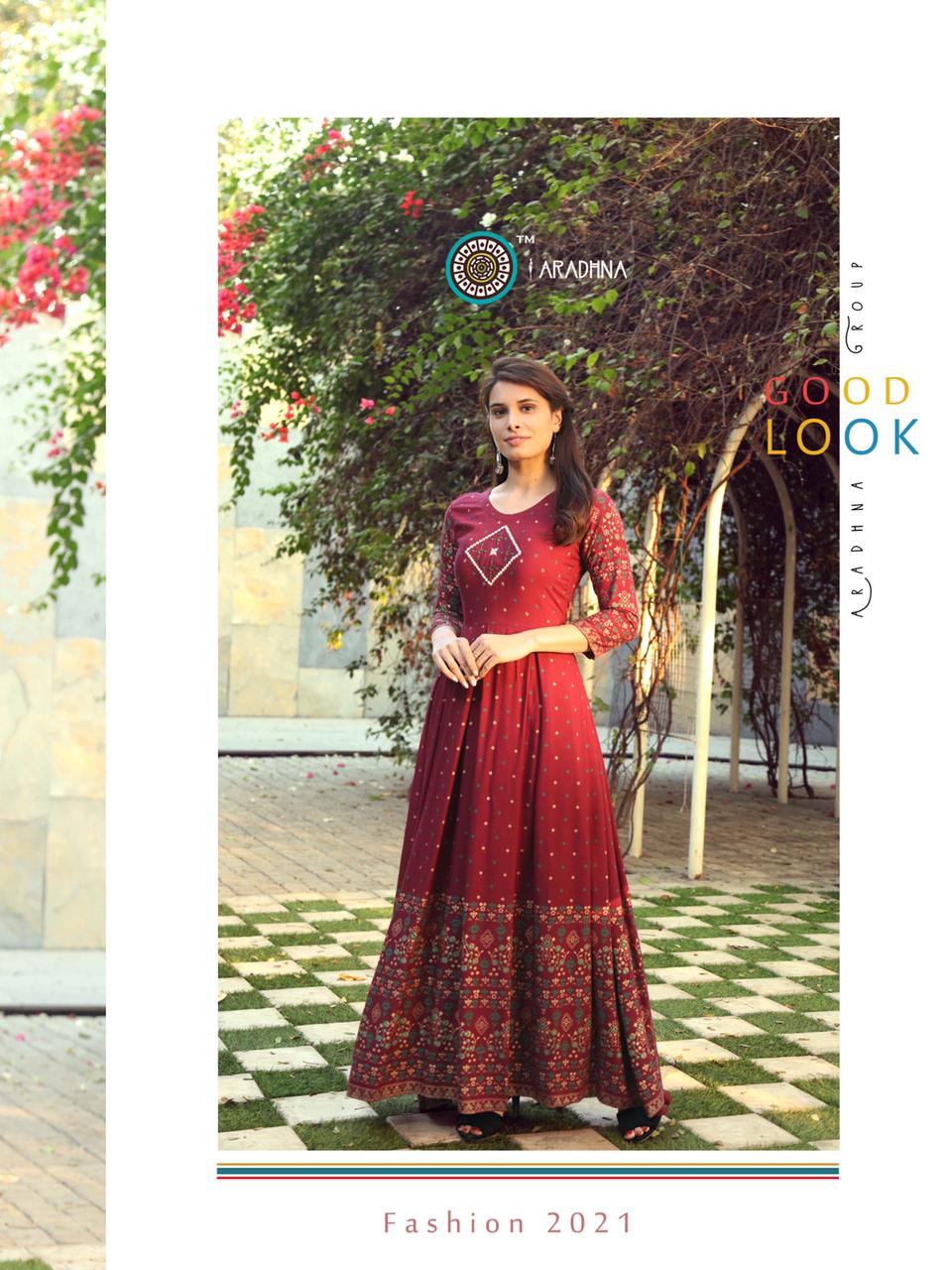 Aradhana Fashion Presents Riwaaz Rayon Long Gown Style Kurtis Cataloge Collection