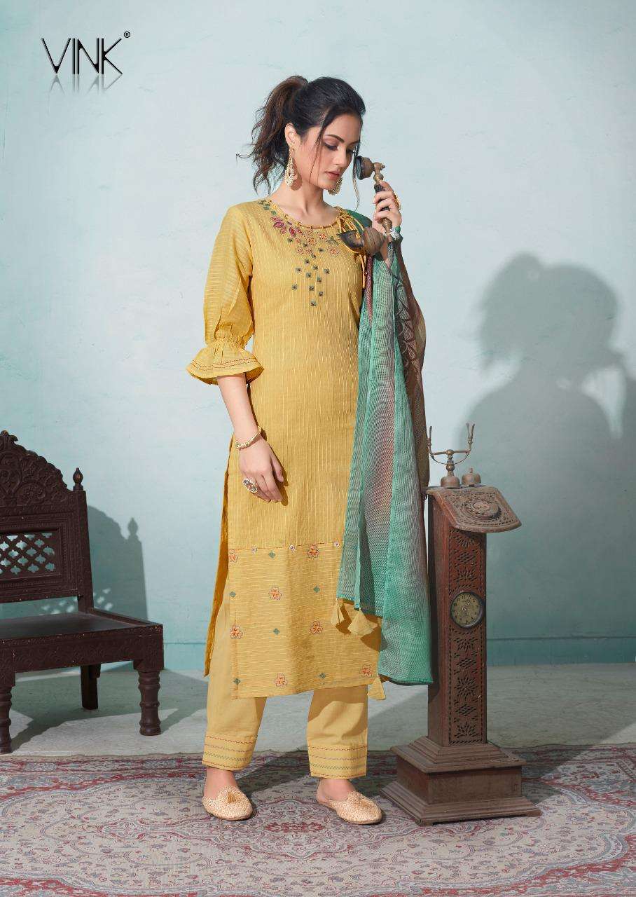 Vink Presents Daisy Beautiful Collection  Pure Cotton Jacquard Kurta With Cotton Linen Pants And Digital Print Dupatta Catalog Wholesaler And Exporters