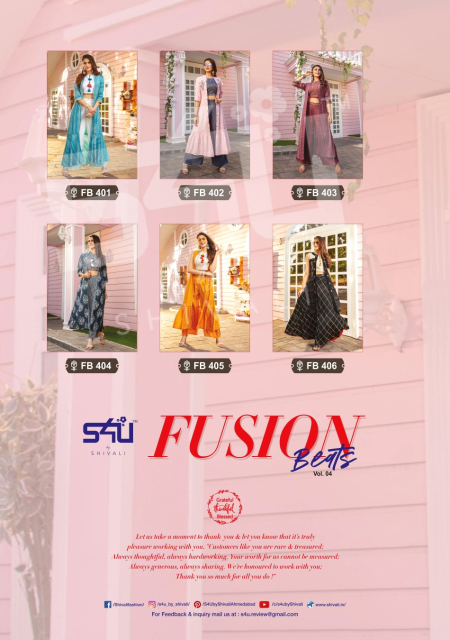 S4u Presents Fusion Beats Vol-4 Rayon Stylish Long Jacket Classy Look Western Style Kurtis Collection At Wholesale Price