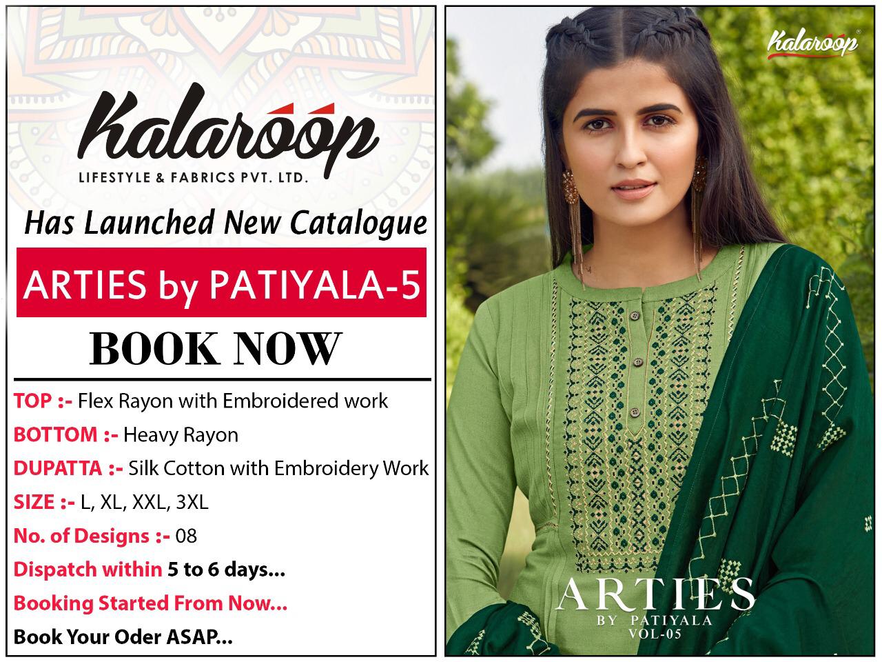 Kalaroop Presents Arties By Patiyala Vol-5 Rayon Embroidery Readymade Punjabi Salwar Suits Wholesaler
