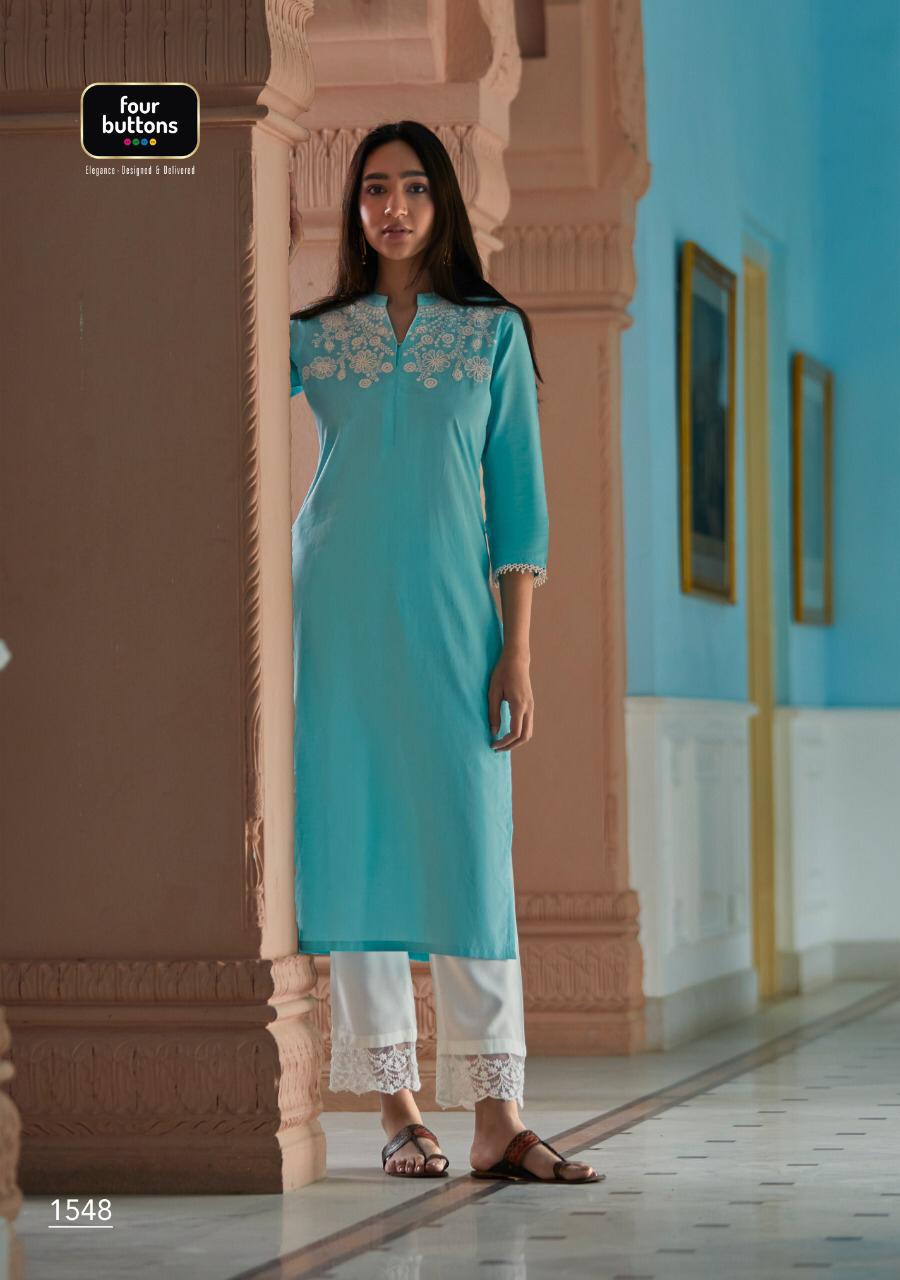 Four Buttons Presents Vibrant Lucknowi Work Cotton Kurti With Pant