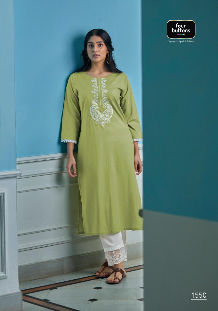 Four Buttons Presents Vibrant Lucknowi Work Cotton Kurti With Pant