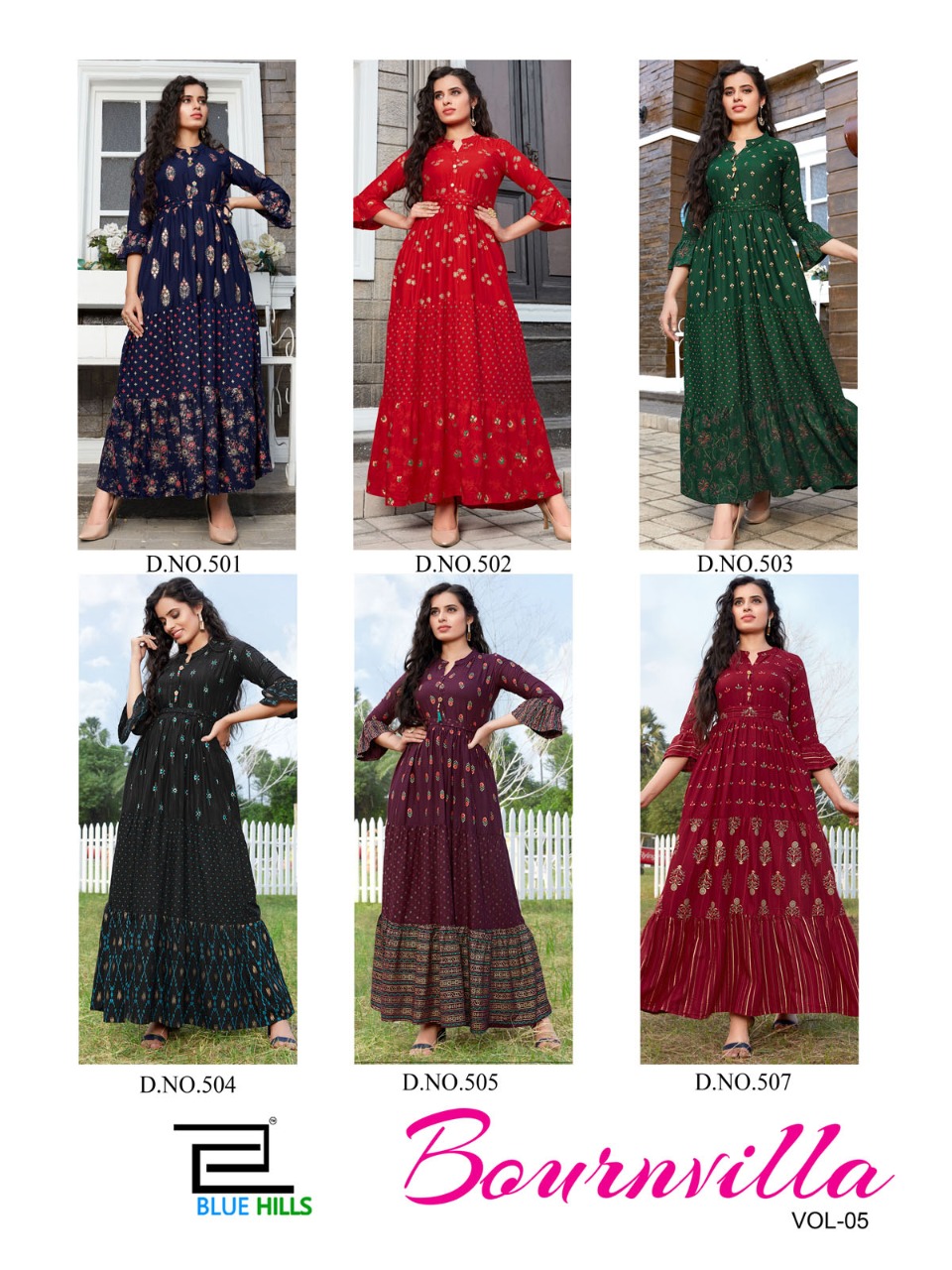 Blue Hills Presents Bournville Vol-5 Rayon Multi Colour Fancy Long Gown With Belt Collection