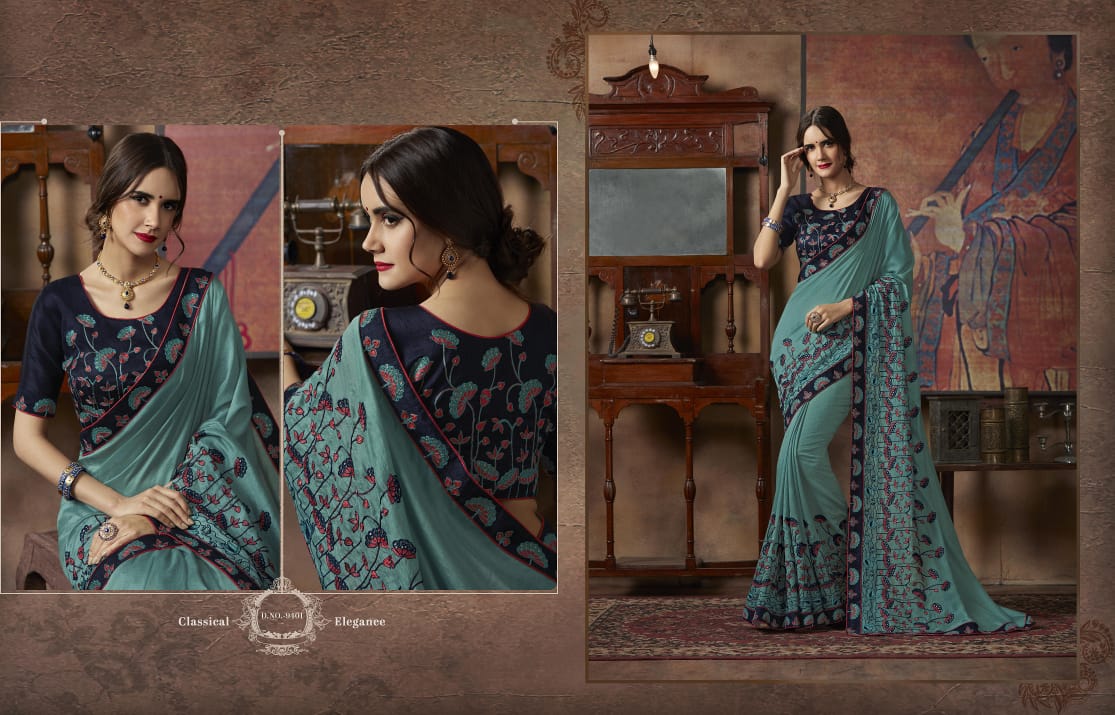 Kessi Fabrics Presents Akshara Vol-2 Beautiful Designer Embroidery Blouse Work Sarees Wholesaler