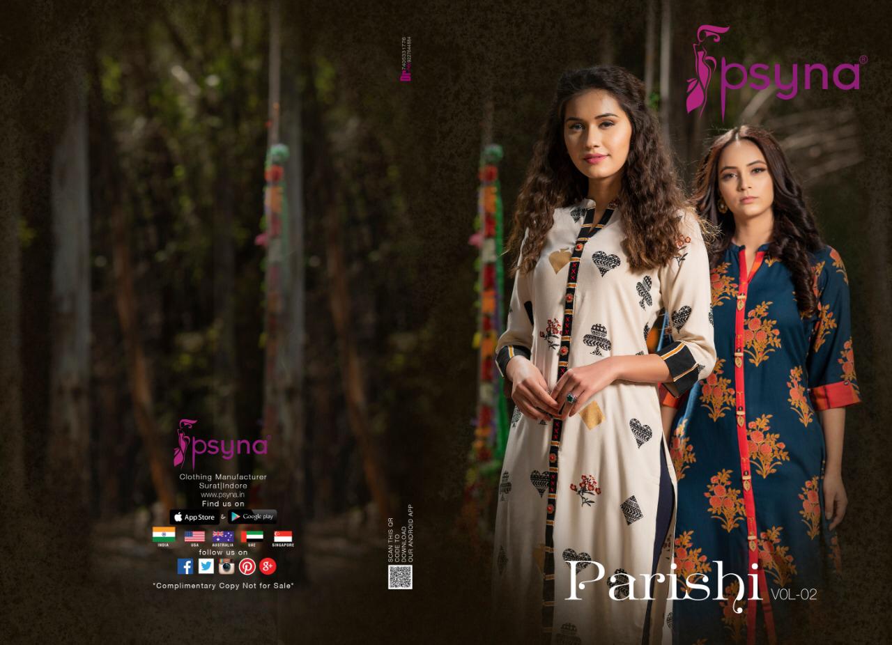 Psyna Presents Parishi Vol-2 Rayon Printed Daily Wear Long Kurtis Wholesaler