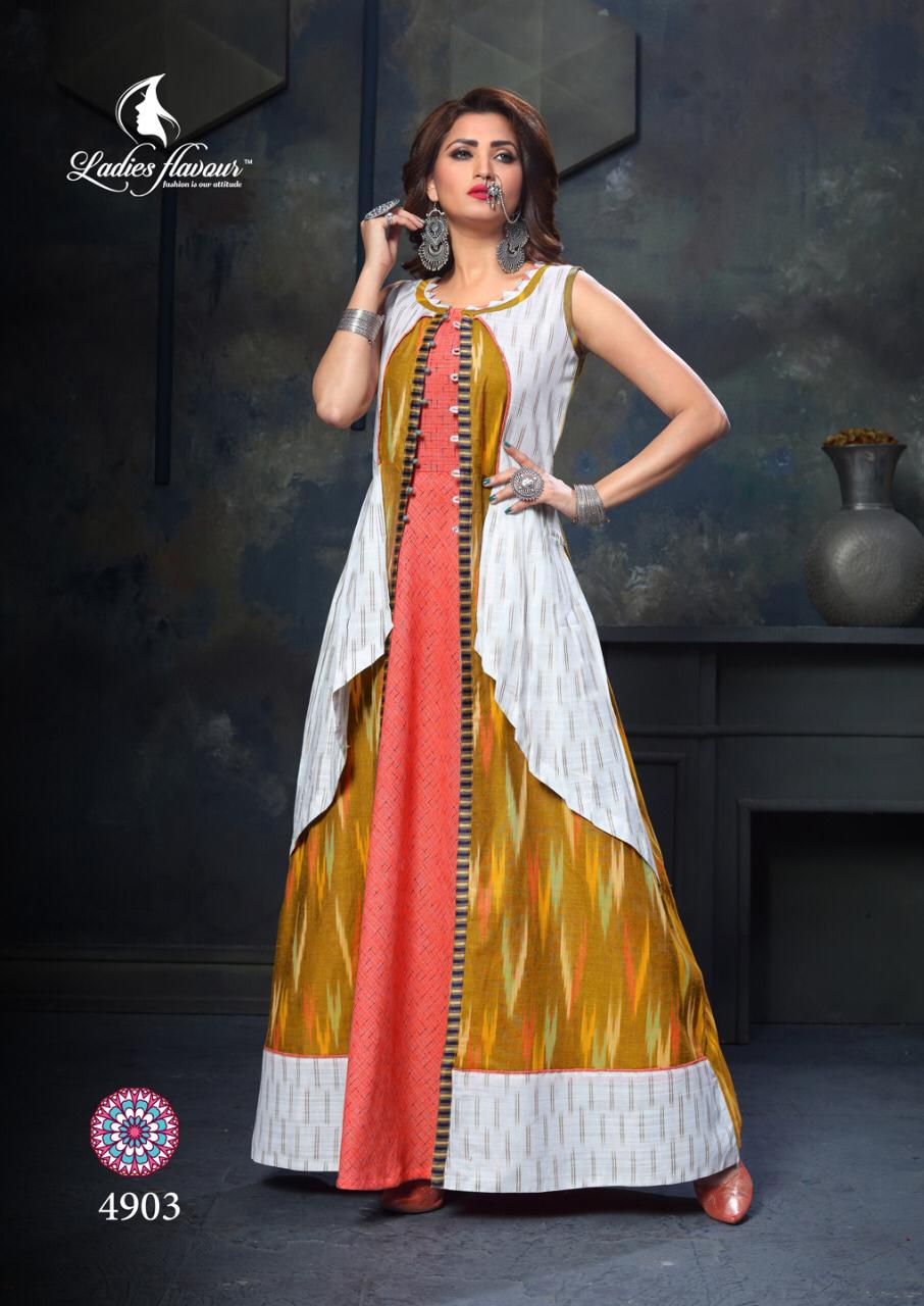 Ladies Flavour Presents Ramleela Vol-4 Beautiful Party Wear Cotton Gown Kurti Catalog Wholesale