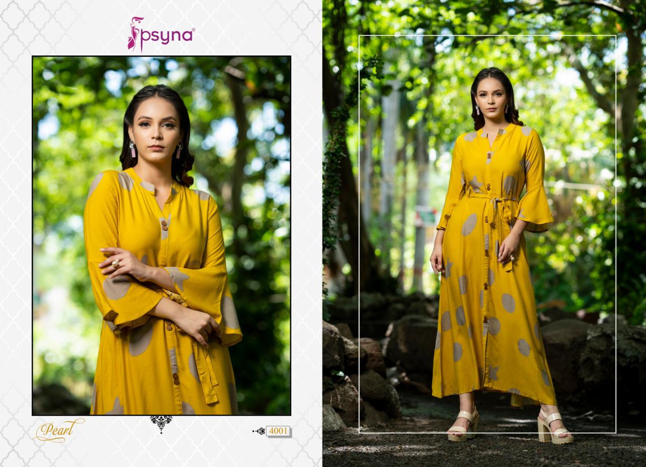 Psyna Presents Pearl Vol-4 Beautiful Rayon Colorful Gown Type Kurtis Catalog Wholesaler