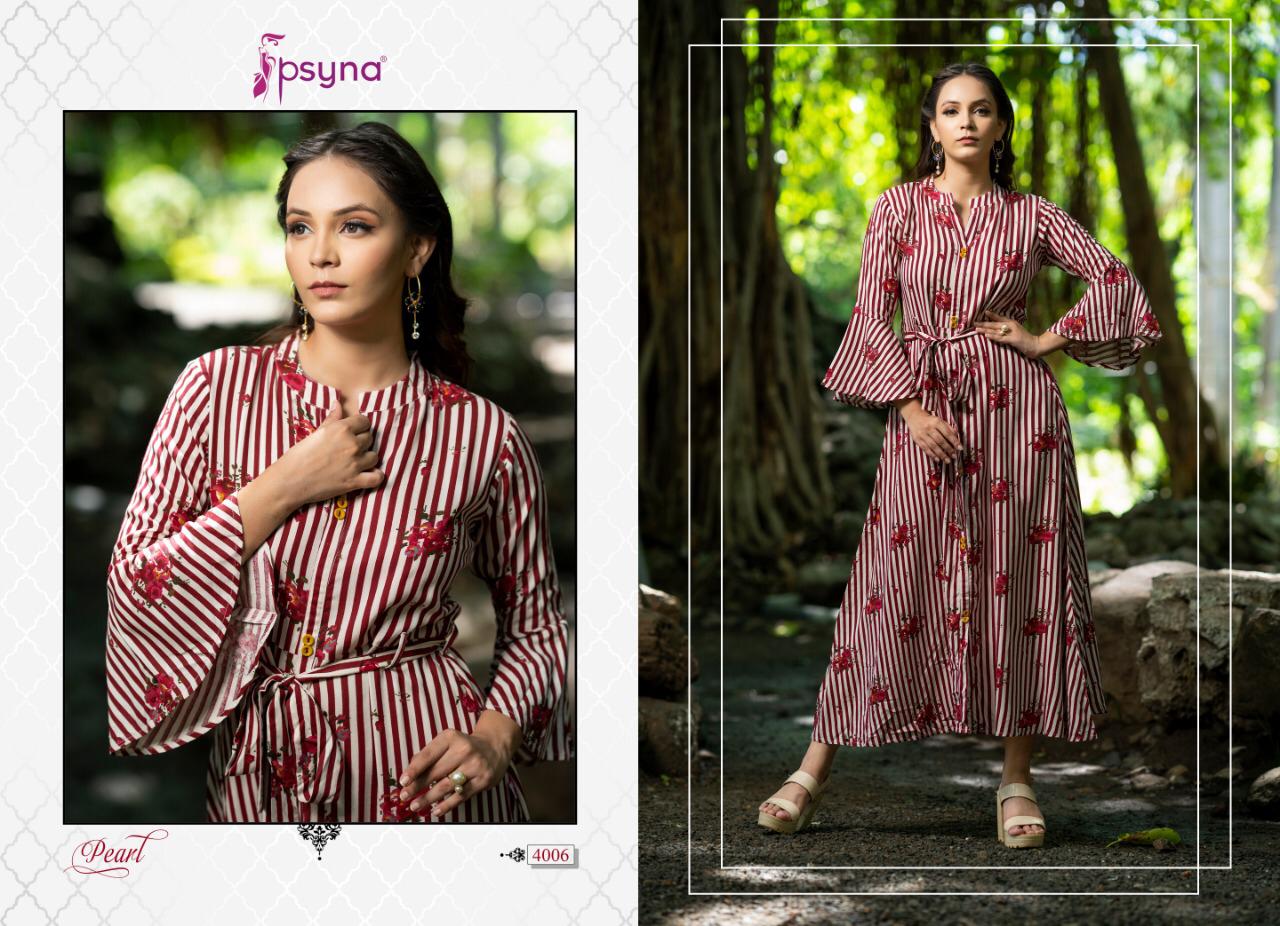 Psyna Presents Pearl Vol-4 Beautiful Rayon Colorful Gown Type Kurtis Catalog Wholesaler