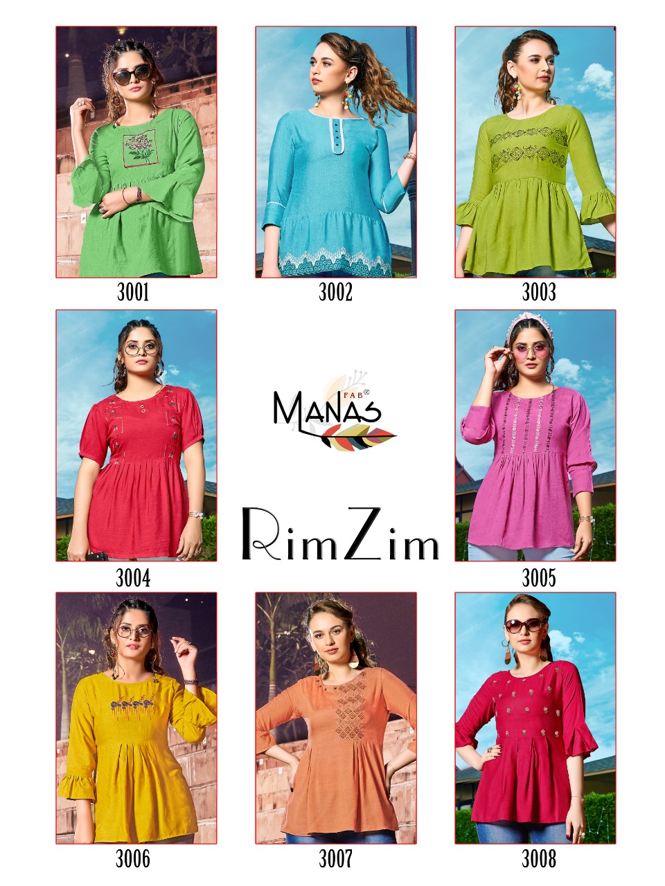 Manas Presents Rimzim Viscose Rayon Embroidery Work Designer Short Top Kurtis Collection