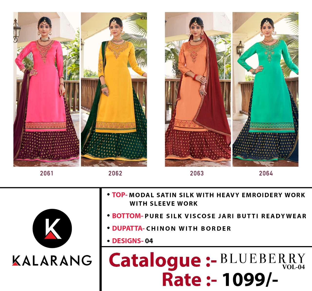 Kalarang Presents Blue Berry Vol-4 Satin Silk Embroidery Work Straight Salwar Suit Wholesaler