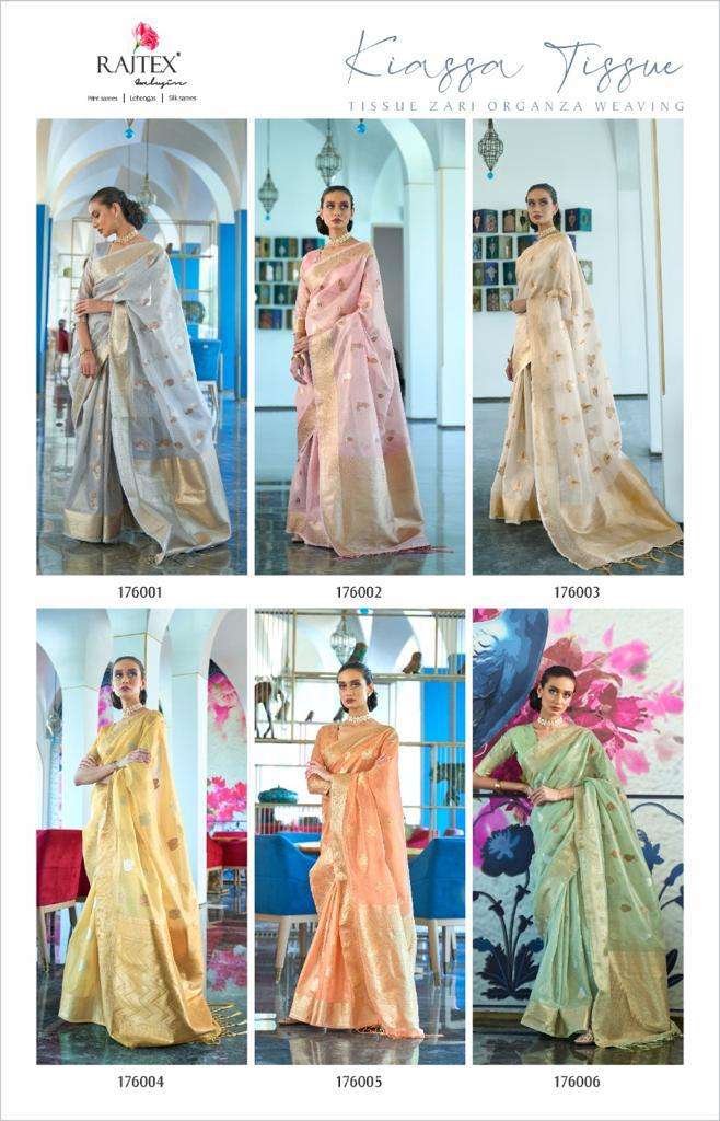 Rajtex Presents Kiassa Tissue 176001 to 176006 Series Tissue Organza Weaving Traditional Wear Sarees Cataloge