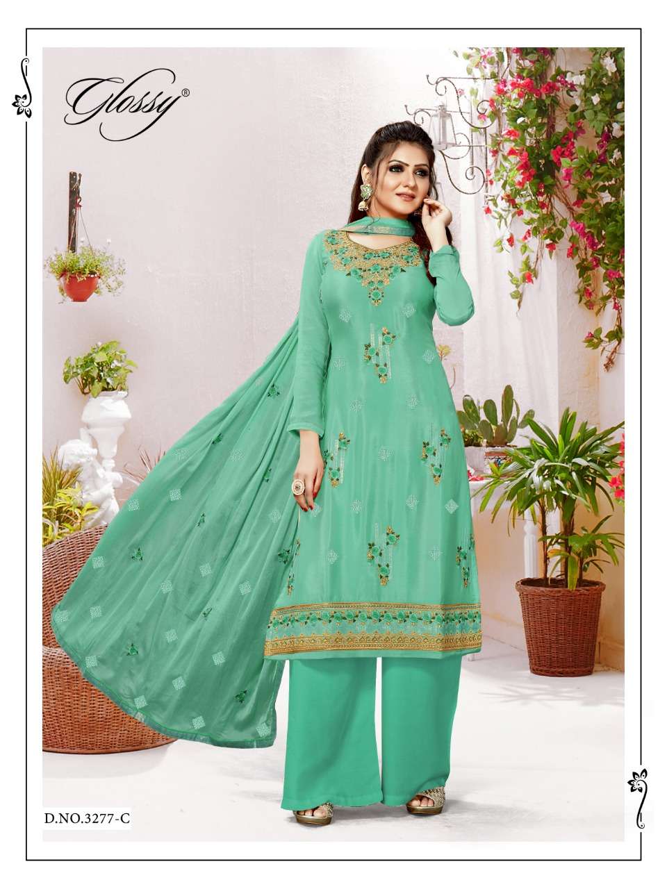 Glossy Presents Nargish Pure Viscose Chinon Embroidery Work Plazzo Salwar Suit Cataloge
