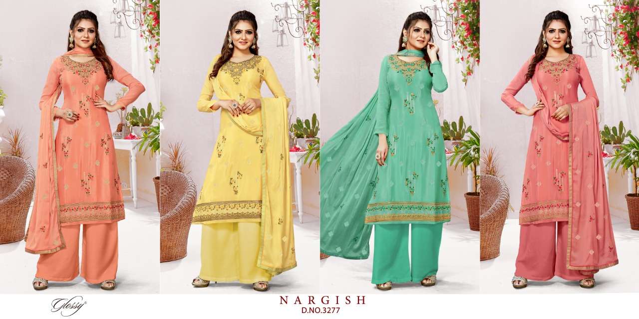 Glossy Presents Nargish Pure Viscose Chinon Embroidery Work Plazzo Salwar Suit Cataloge