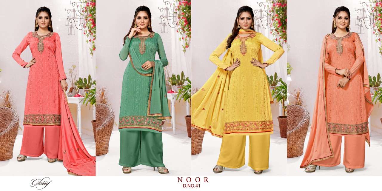 Glossy Presents Noor Viscose Chinon Embroidery Work Plazzo Salwar Suit Wholesaler