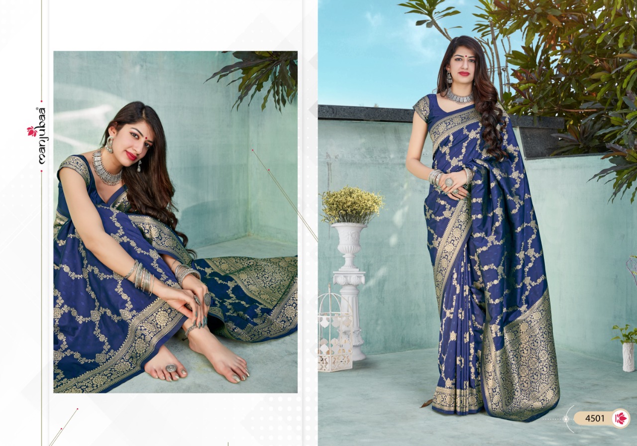 Manjubaa Presents Maahi Silk Indina Traditional Wear Banarasi Silk Sarees Catalog Wholesaler