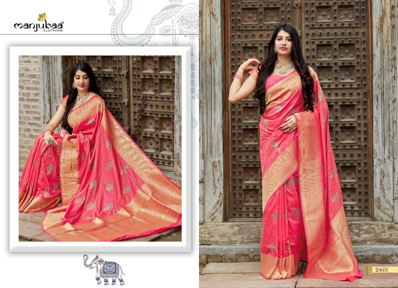 Manjubaa Launching Premium Exclusive Designer Banarasi Silk Sarees Catalog Wholesaler
