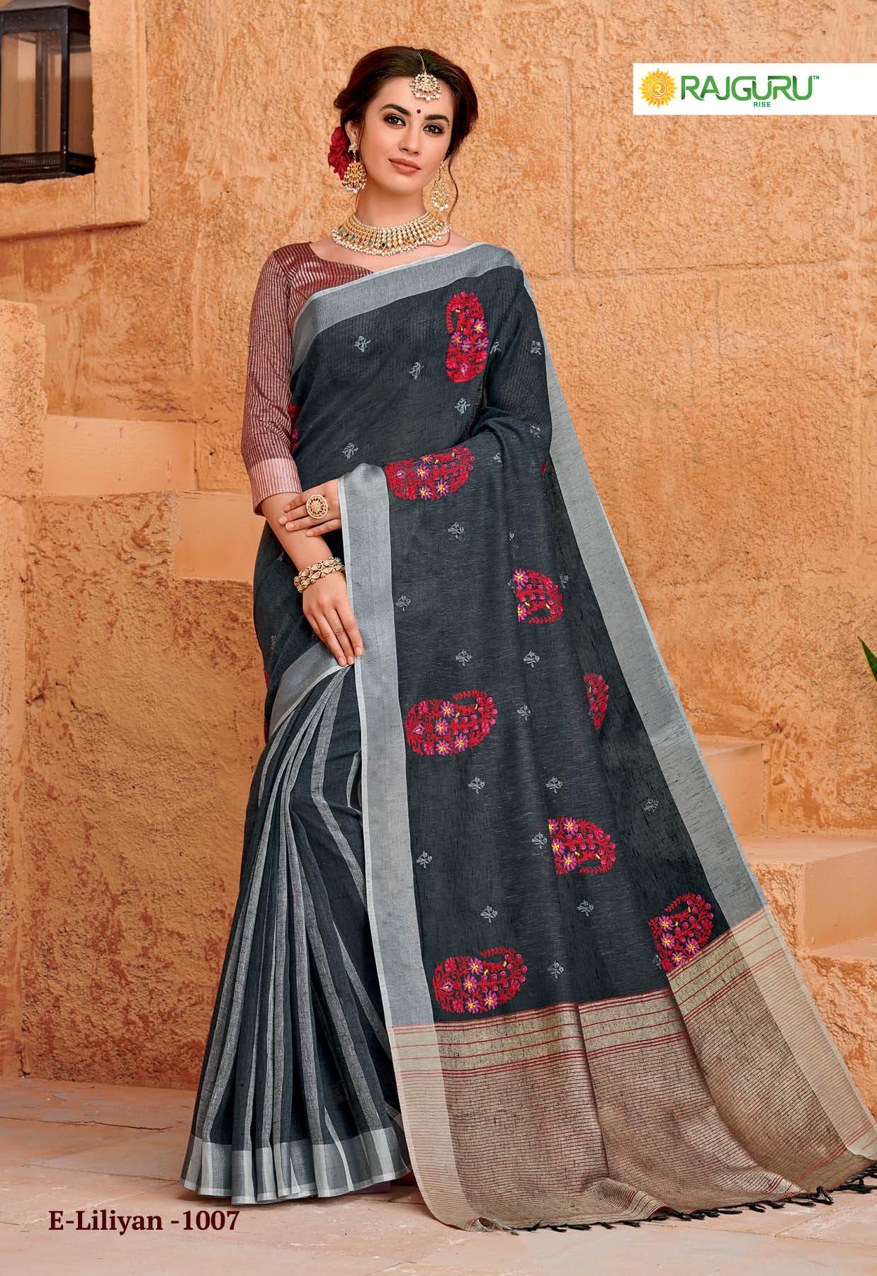 Rajguru Presents Liliyan Beautiful Designer Pure Lilen Silk With Embroidery Work Sarees Catalog Wholesaler