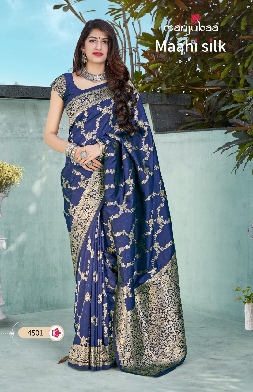 Manjubaa Presents Maahi Silk Indina Traditional Wear Banarasi Silk Sarees Catalog Wholesaler