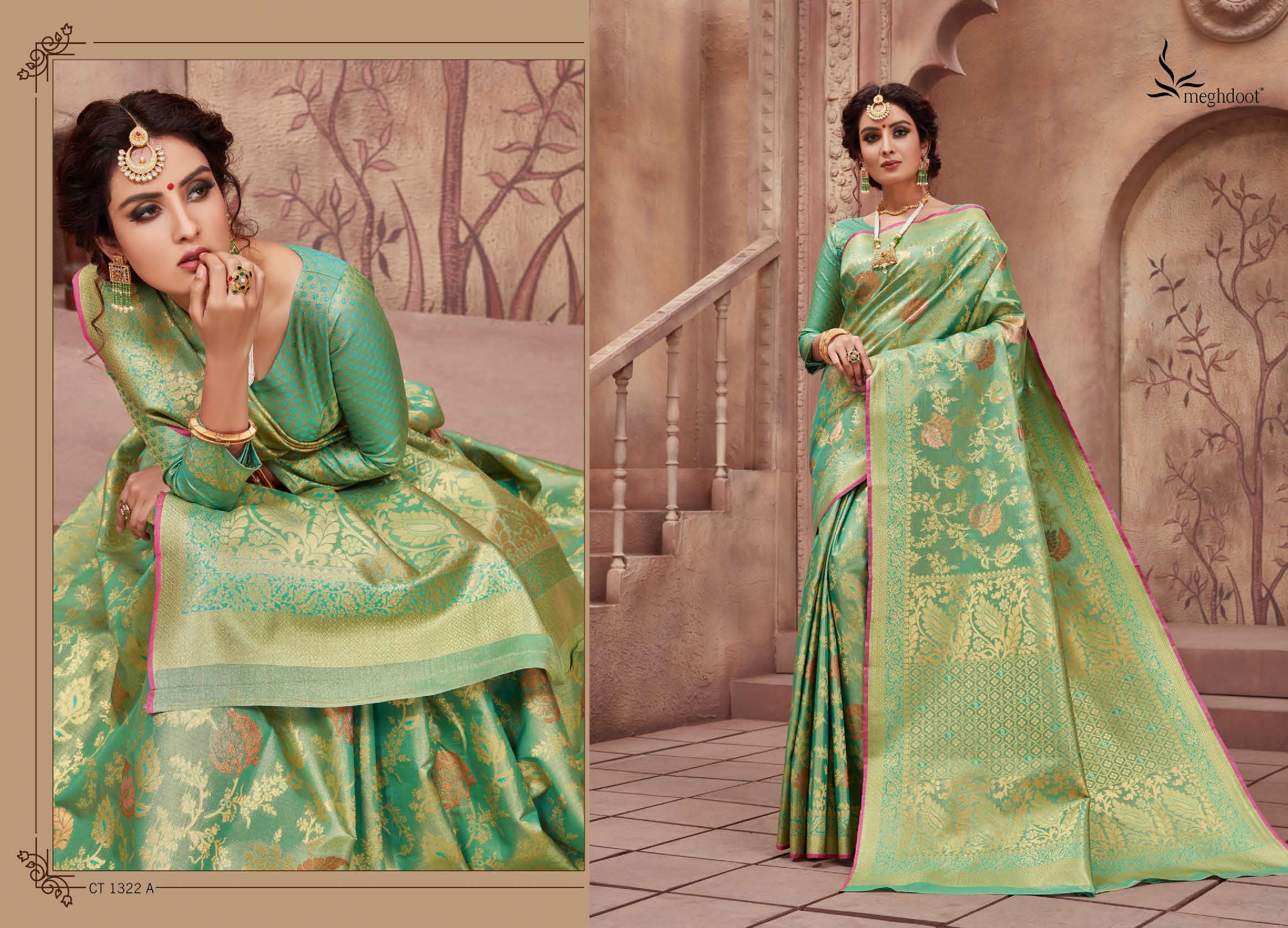 Meghdoot Presents Shine 1292 To 1323 Series Indian Wedding Wear Silk Sarees Catalog Wholesaler