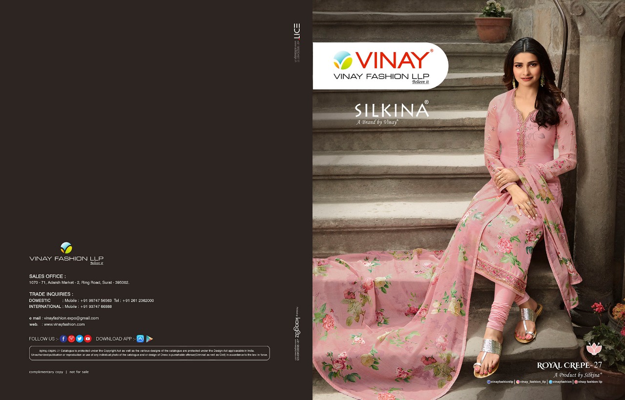 Vinay Presents Royal Crepe Silkina-27 Prachy Desai Bollywood Style Straight Salwar Suit Wholesaler