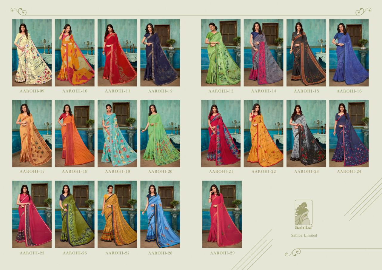 Sahiba Presents Aarohi Fancy Georgette Print With Lace Border Sarees Catalog Wholesaler