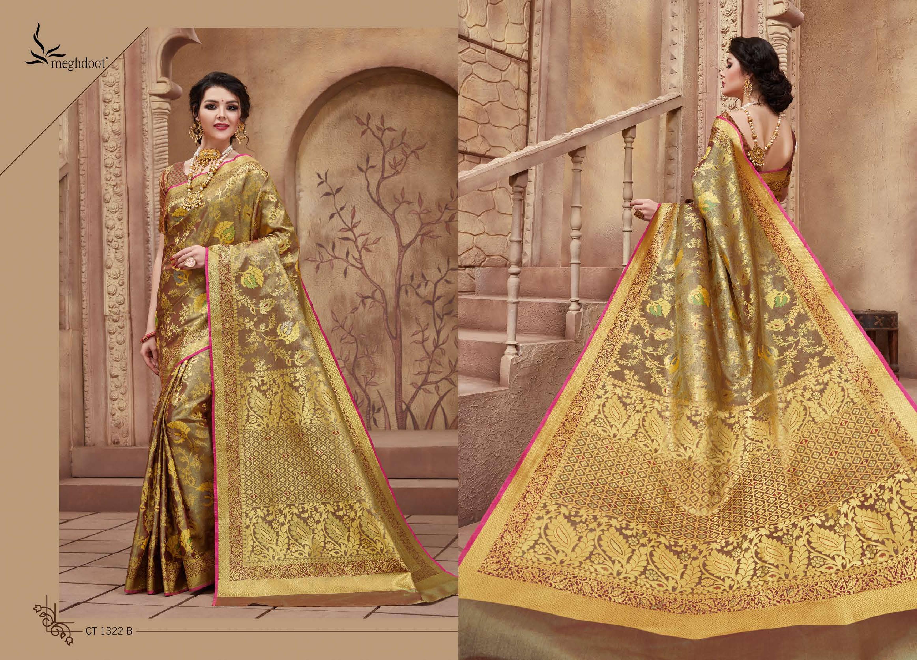 Meghdoot Presents Shine 1292 To 1323 Series Indian Wedding Wear Silk Sarees Catalog Wholesaler