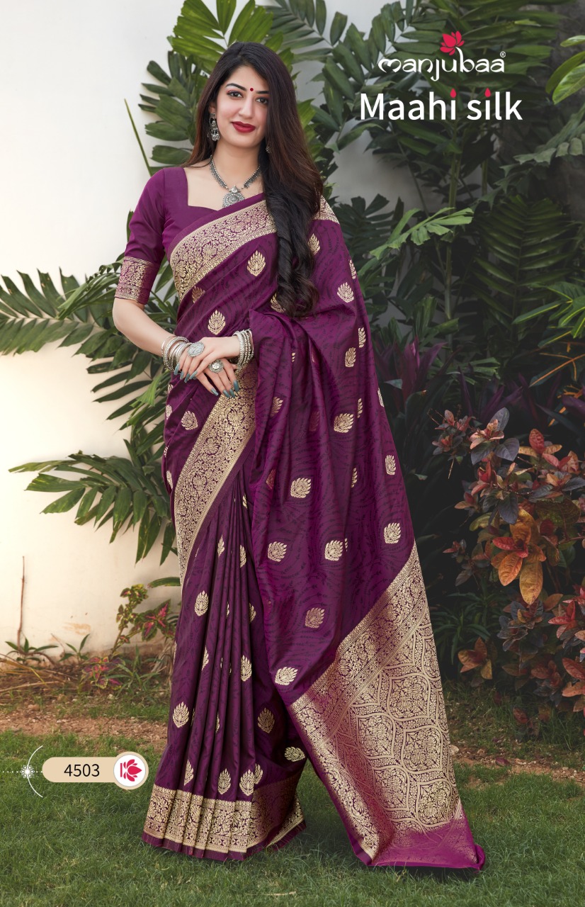 Manjubaa Presents Maahi Silk Indina Traditional Wear Banarasi Silk Sarees Catalog Wholesaler