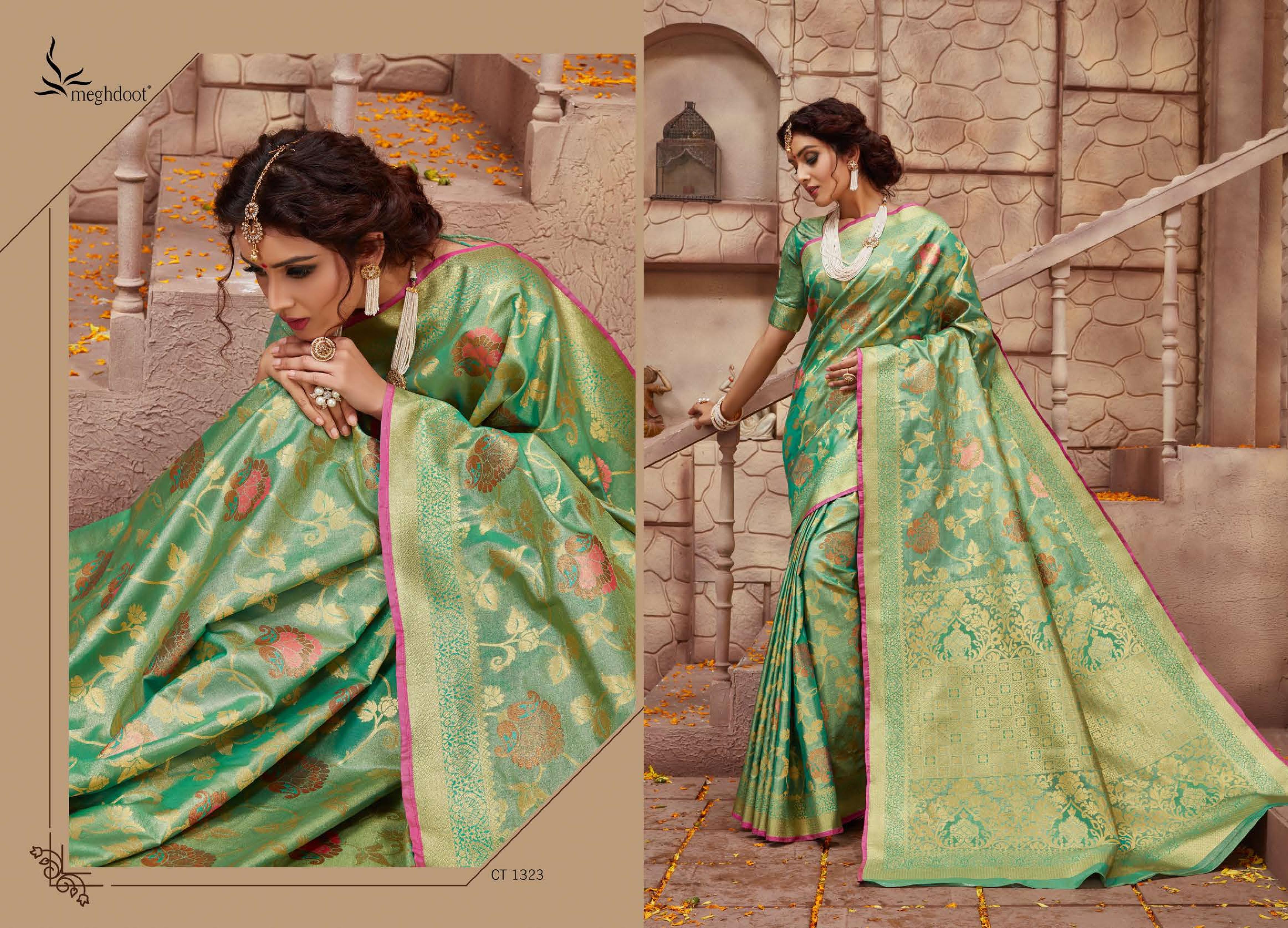 Meghdoot Presents Shine 1292 To 1323 Series Indian Wedding Wear Silk Sarees Catalog Wholesaler