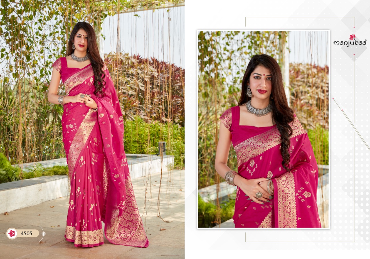 Manjubaa Presents Maahi Silk Indina Traditional Wear Banarasi Silk Sarees Catalog Wholesaler