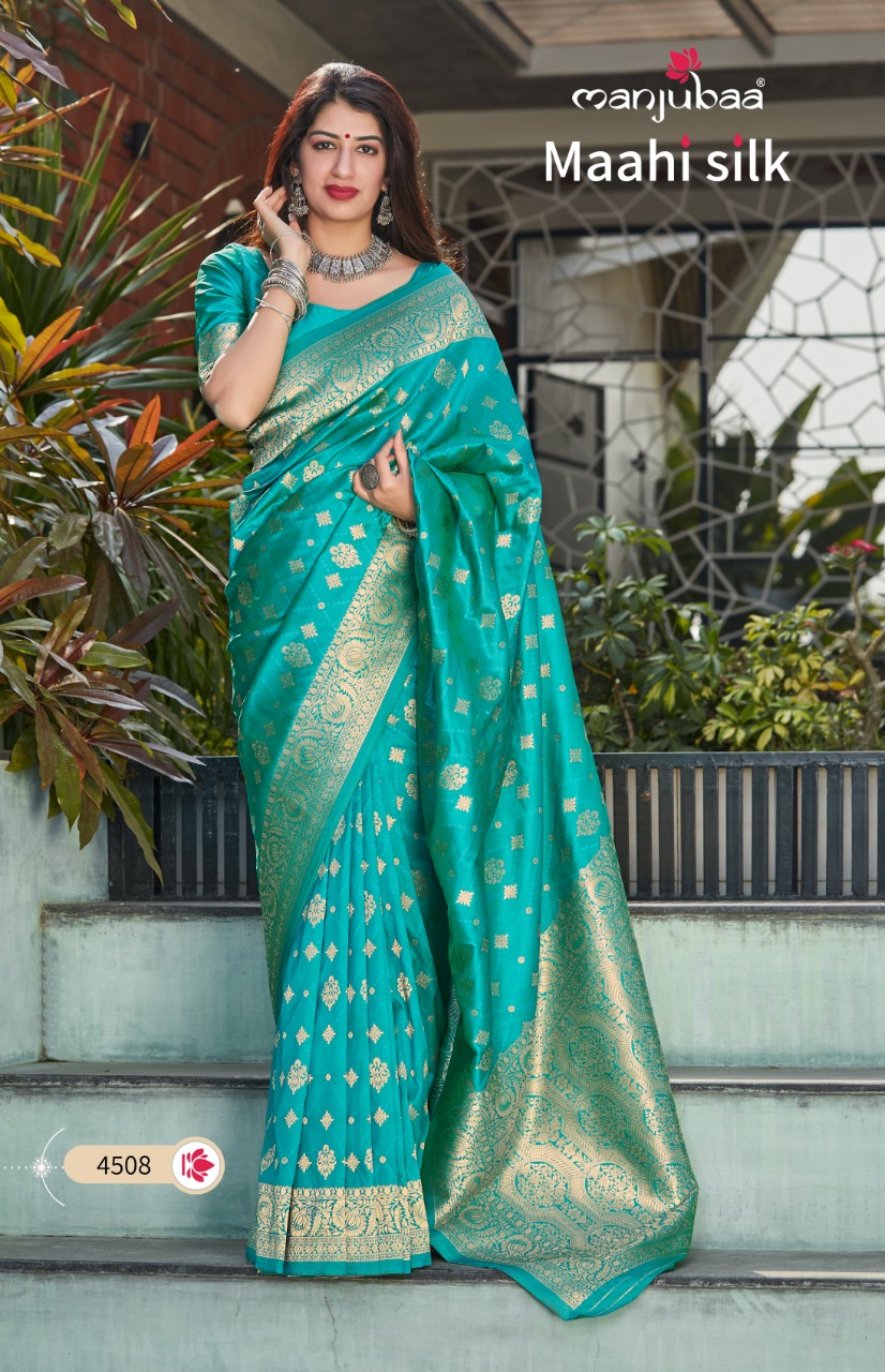 Manjubaa Presents Maahi Silk Indina Traditional Wear Banarasi Silk Sarees Catalog Wholesaler