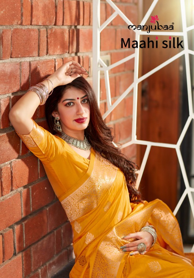 Manjubaa Presents Maahi Silk Indina Traditional Wear Banarasi Silk Sarees Catalog Wholesaler