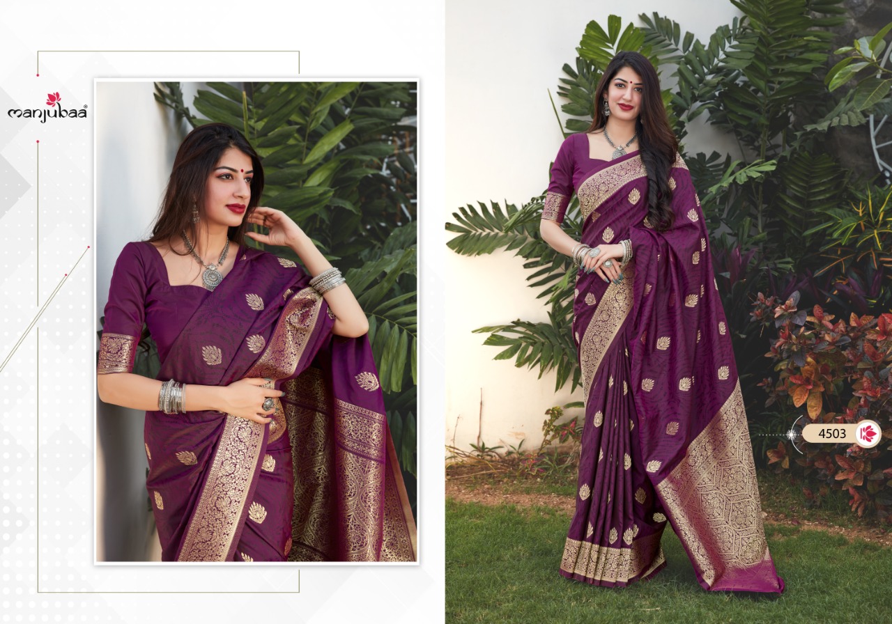 Manjubaa Presents Maahi Silk Indina Traditional Wear Banarasi Silk Sarees Catalog Wholesaler