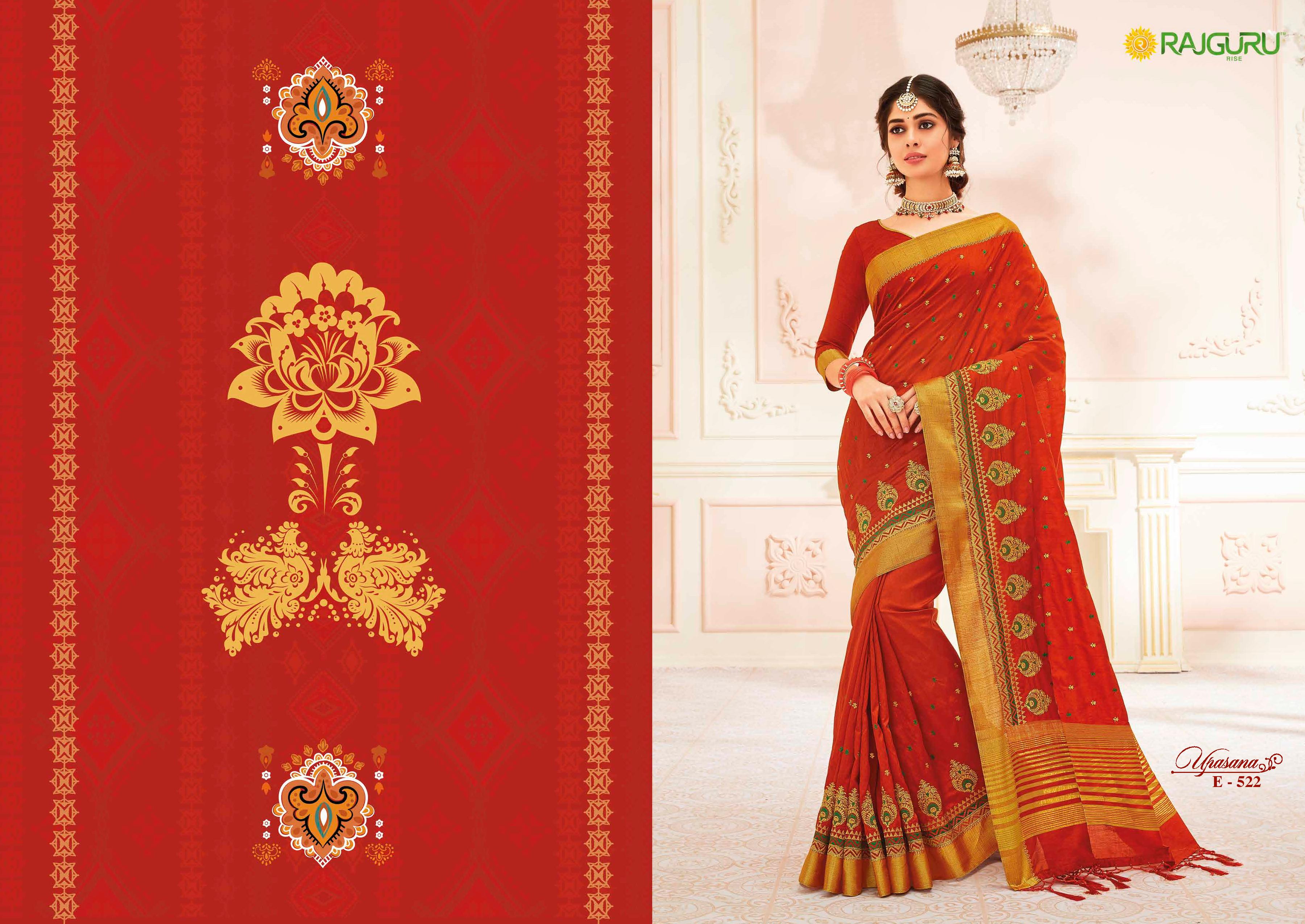 Rajguru Presents Upasana Vol-5 Designer Embroidery Work Row Silk Sarees Catalog Exporters