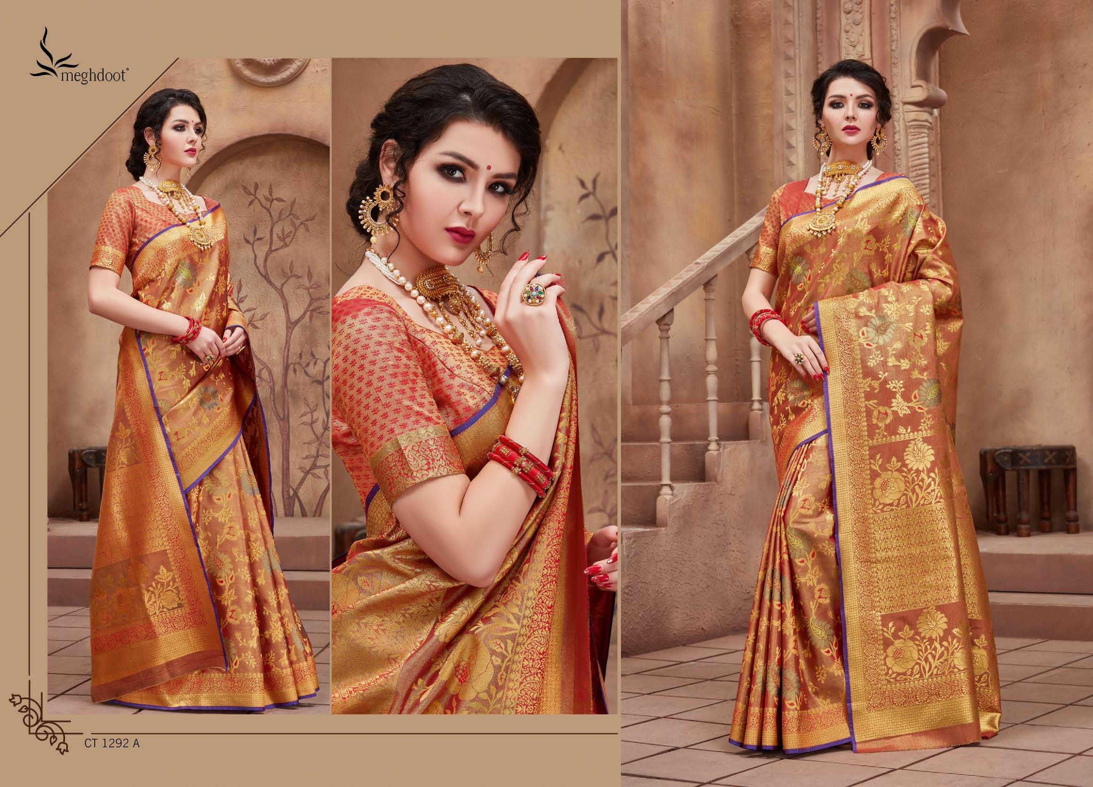 Meghdoot Presents Shine 1292 To 1323 Series Indian Wedding Wear Silk Sarees Catalog Wholesaler