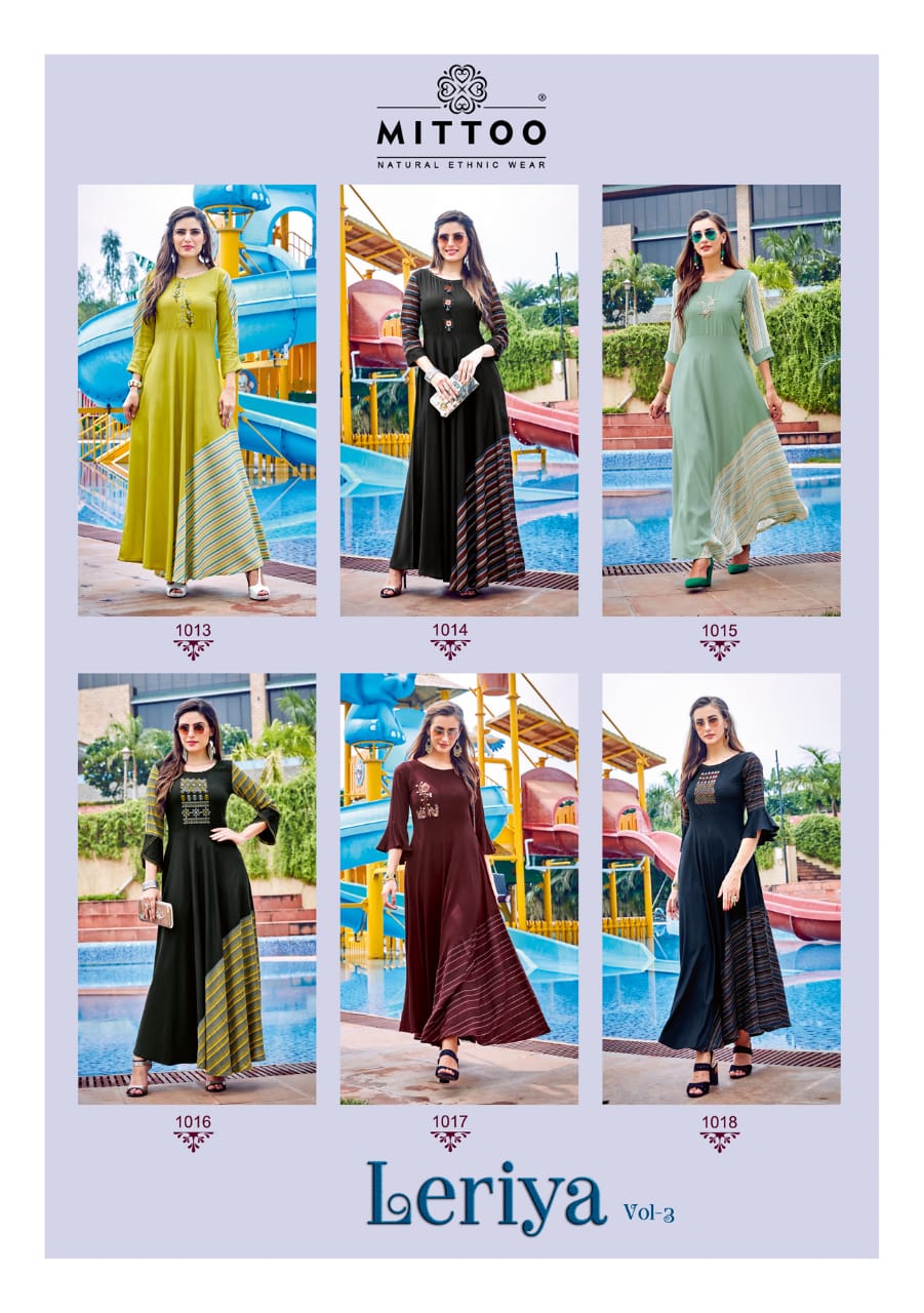 Mittoo Presents Leriya Vol-3 Beautiful Designer Party Wear Gown Style Kurtis Catalog Wholesalr