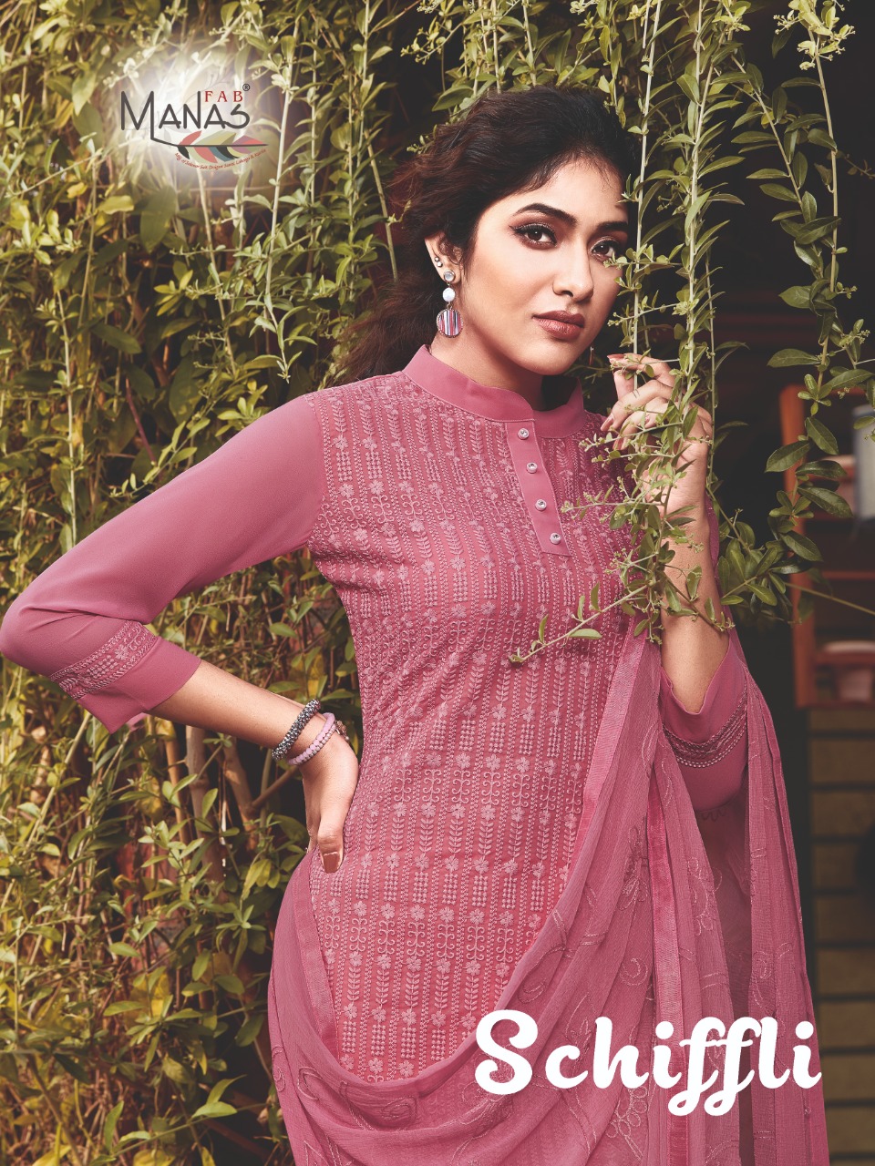 Manas Fab Launch Schiffli Georgette Exclusive Designer Party Wear Kurtis With Bottom And Dupattas Collection At Wholesale Price