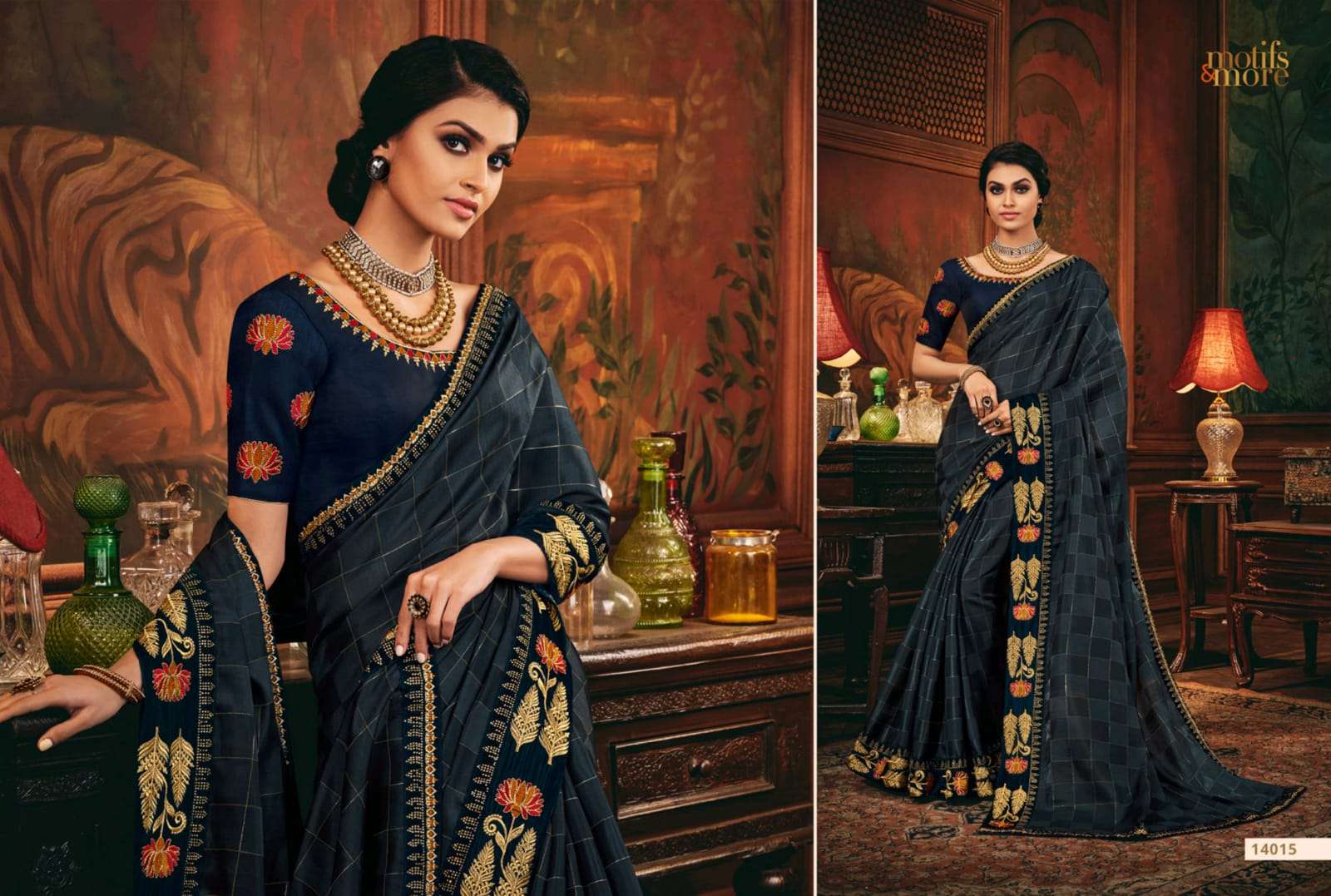 Motifs And More Vol-14 Series 14001 To 14016 Rich Look Designer  Function Wear Indian Saree Wholesaler