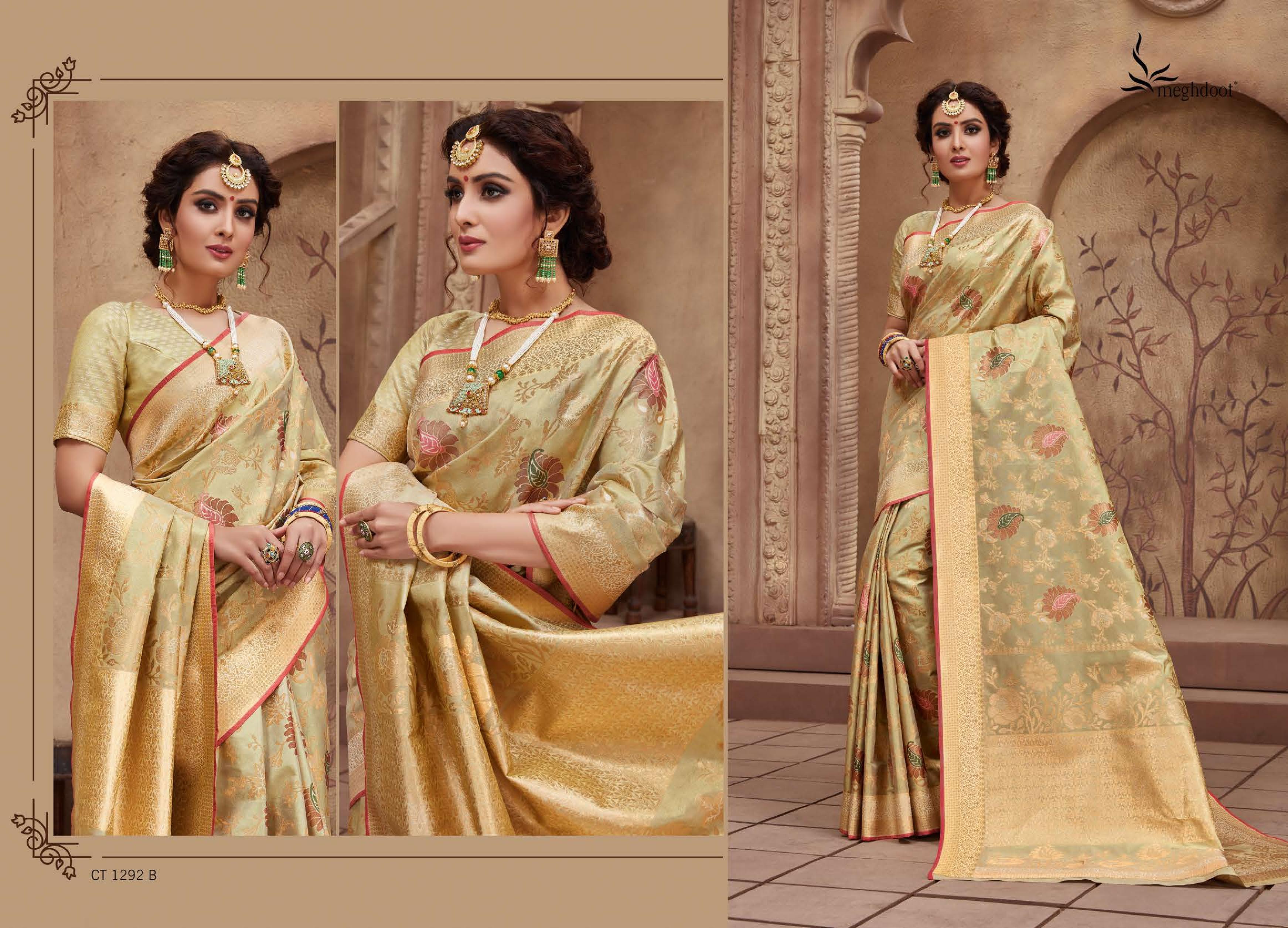 Meghdoot Presents Shine 1292 To 1323 Series Indian Wedding Wear Silk Sarees Catalog Wholesaler