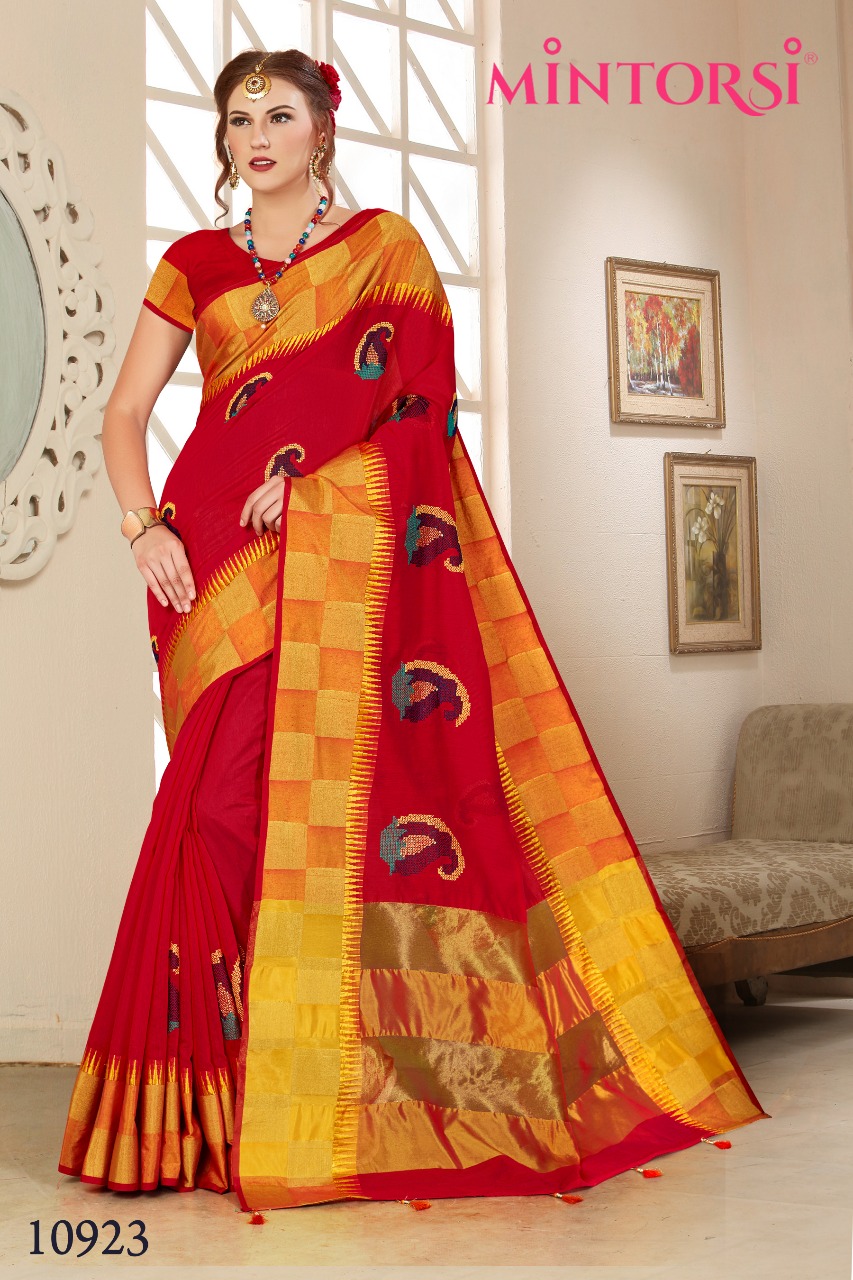 Mintorsi Presents 10921 To 10924 Party Wear Embroidery Cotton Silk Sarees Wholesaler