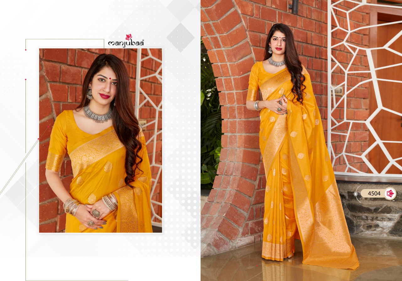 Manjubaa Presents Maahi Silk Indina Traditional Wear Banarasi Silk Sarees Catalog Wholesaler