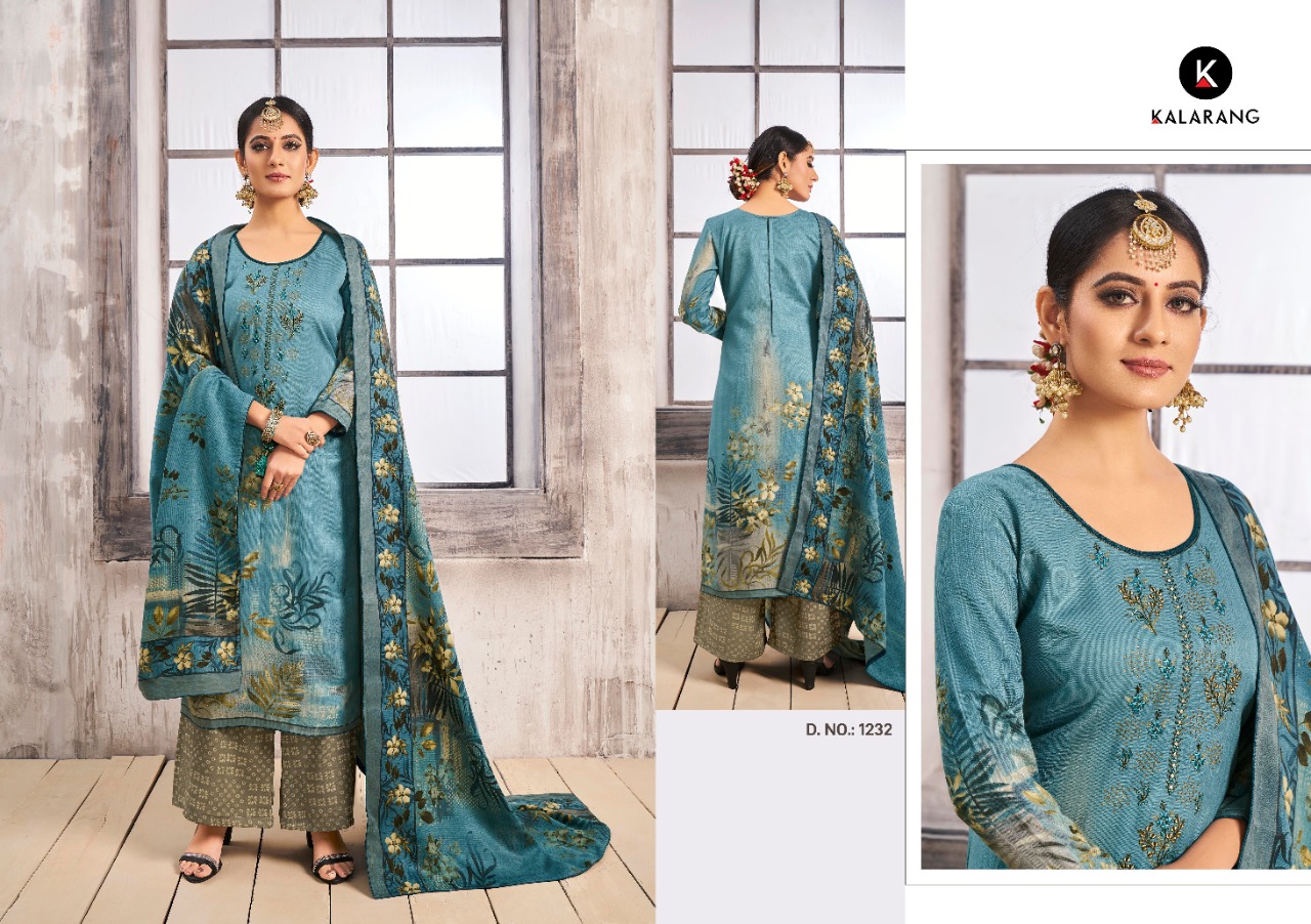 Kalarang Presents Gulzar Pashmina Print With Embroidery Work Plazzo Style Salwar Suit Catalog Wholesaler