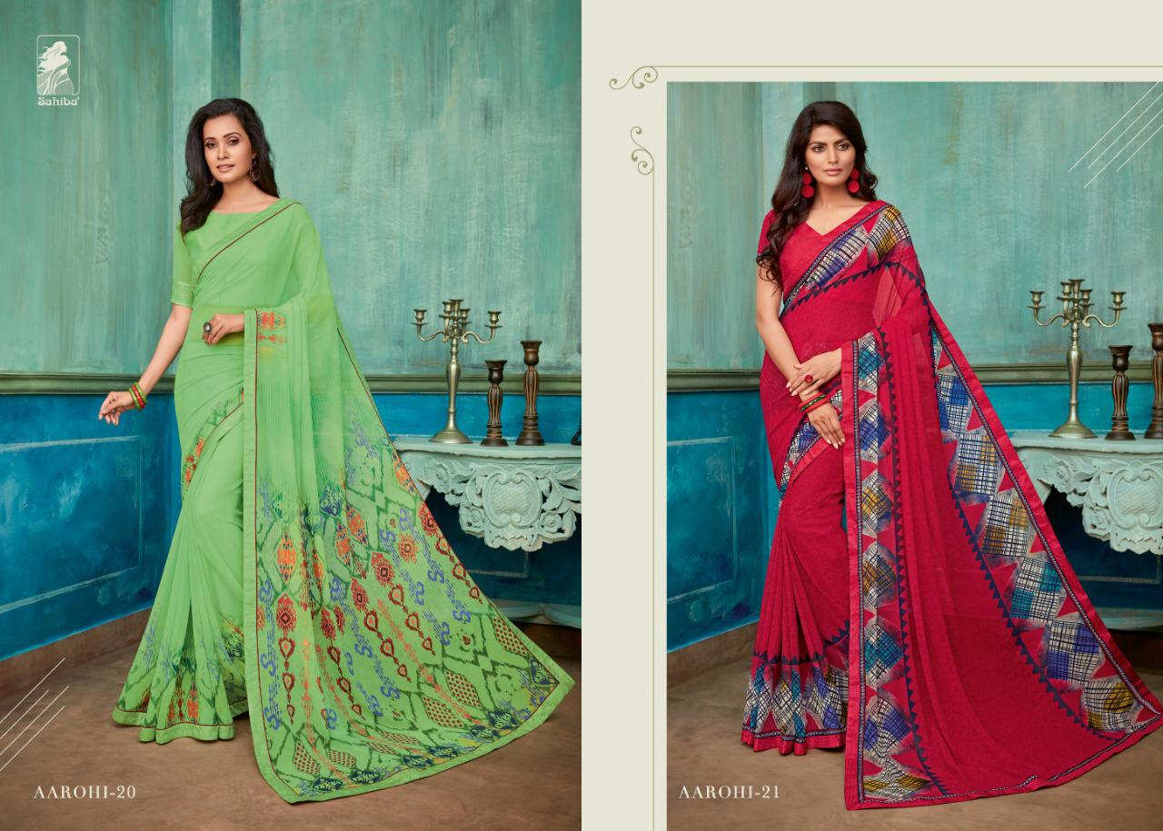 Sahiba Presents Aarohi Fancy Georgette Print With Lace Border Sarees Catalog Wholesaler