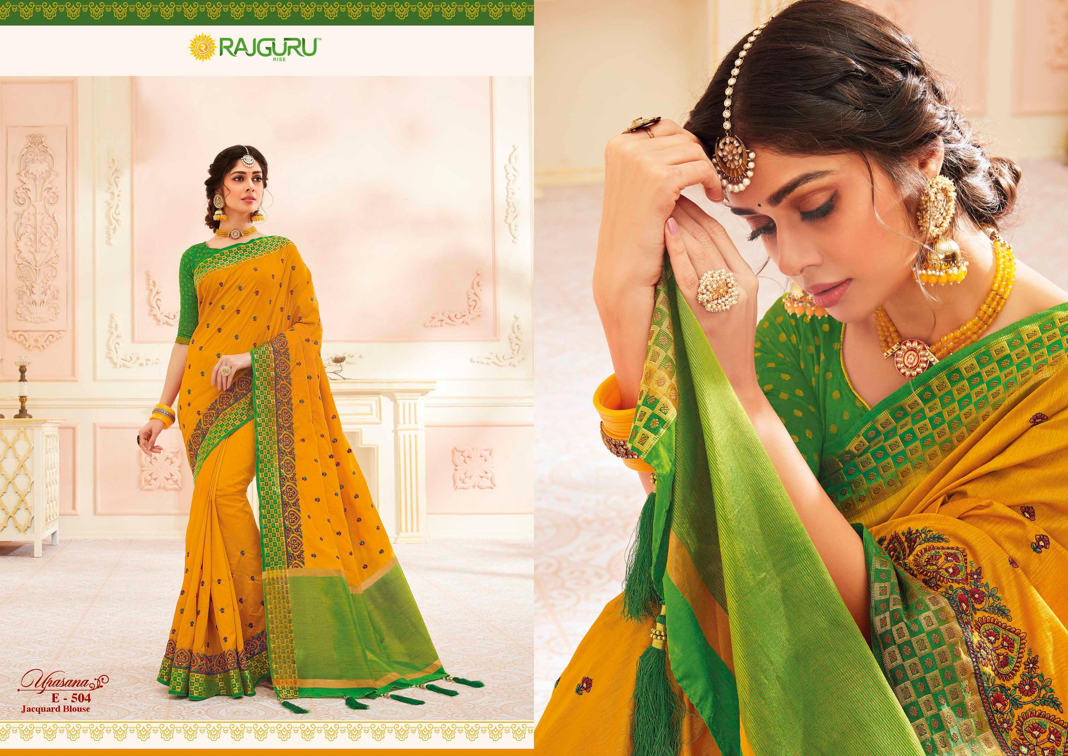 Rajguru Presents Upasana Vol-5 Designer Embroidery Work Row Silk Sarees Catalog Exporters