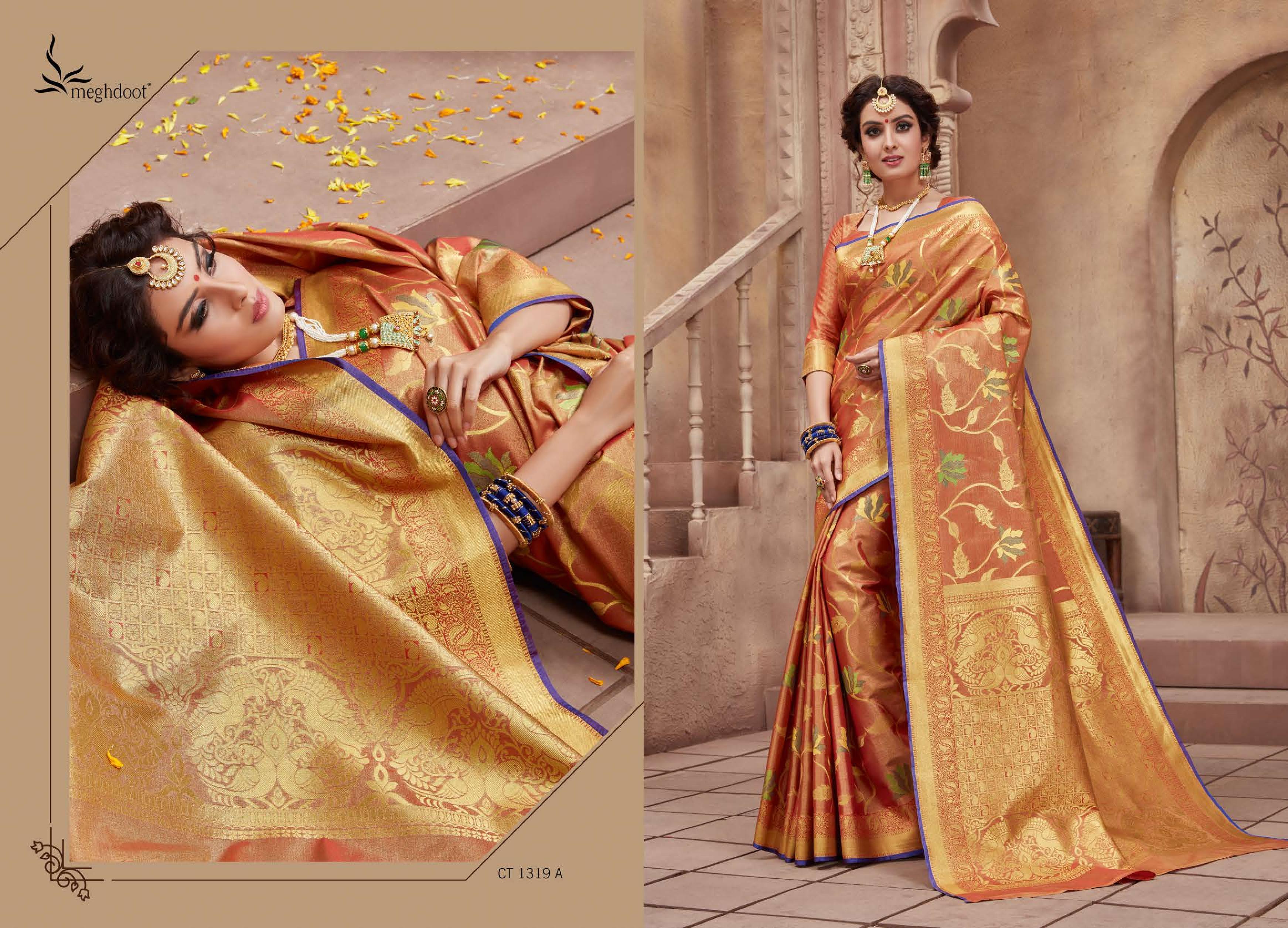 Meghdoot Presents Shine 1292 To 1323 Series Indian Wedding Wear Silk Sarees Catalog Wholesaler