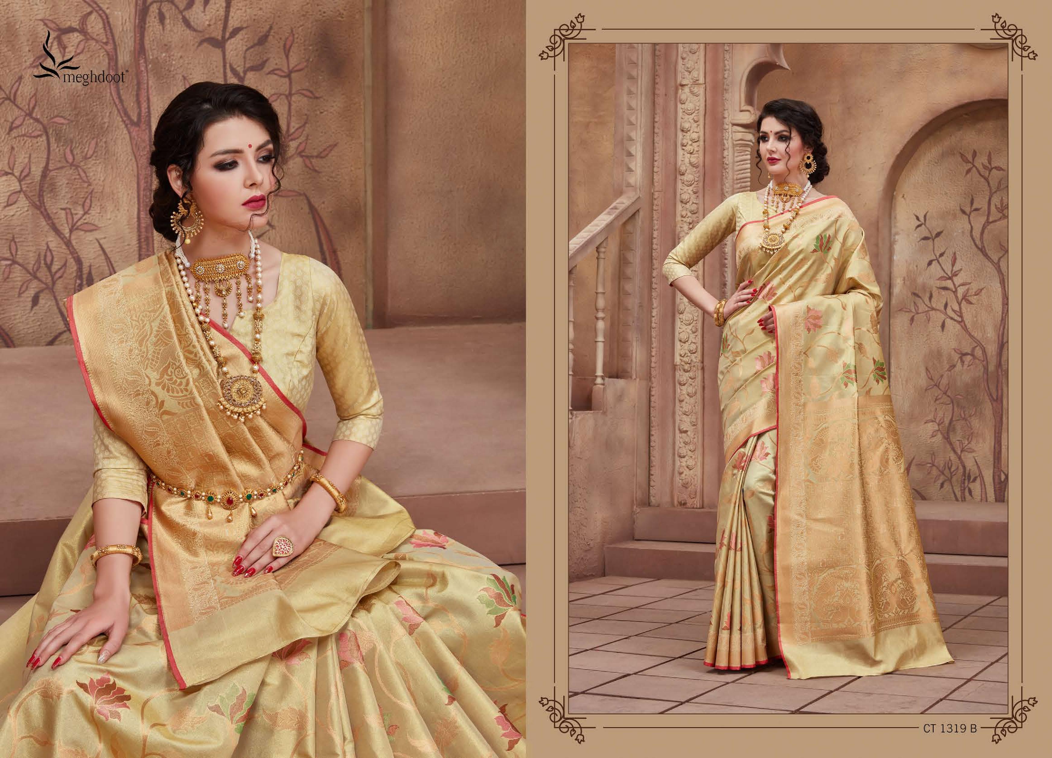 Meghdoot Presents Shine 1292 To 1323 Series Indian Wedding Wear Silk Sarees Catalog Wholesaler